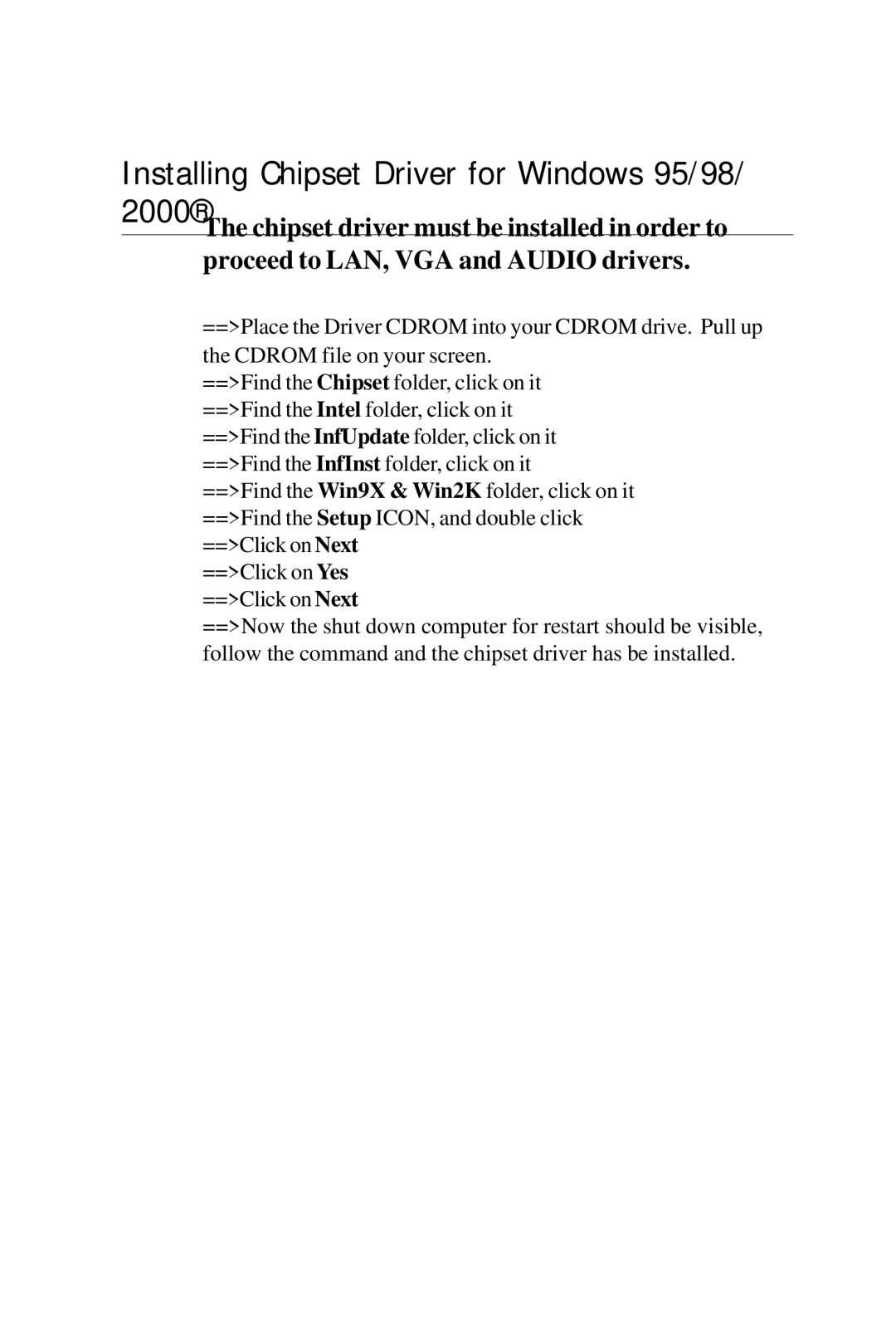 Intel PCM-6896 manual Installing Chipset Driver for Windows 95/98 