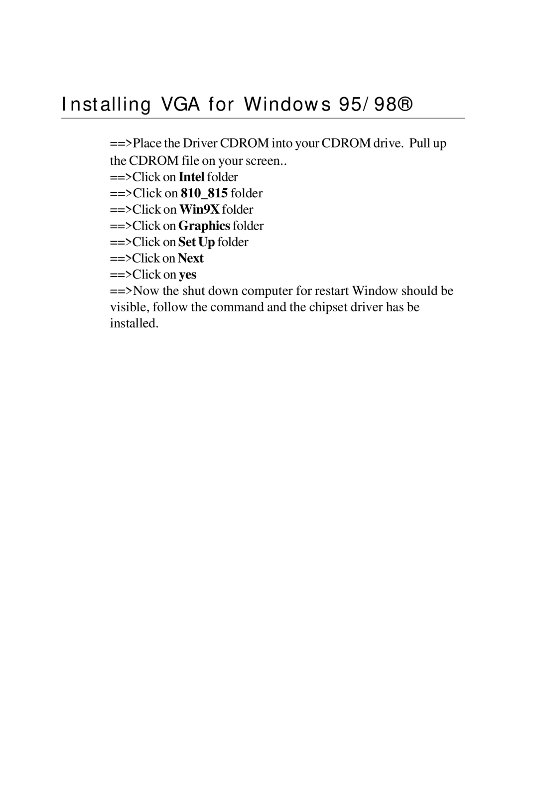 Intel PCM-6896 manual Installing VGA for Windows 95/98 