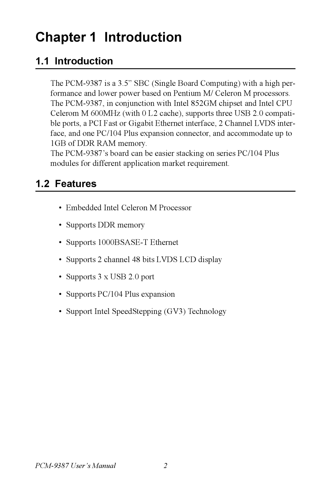 Intel PCM-9387 user manual Introduction, Features 