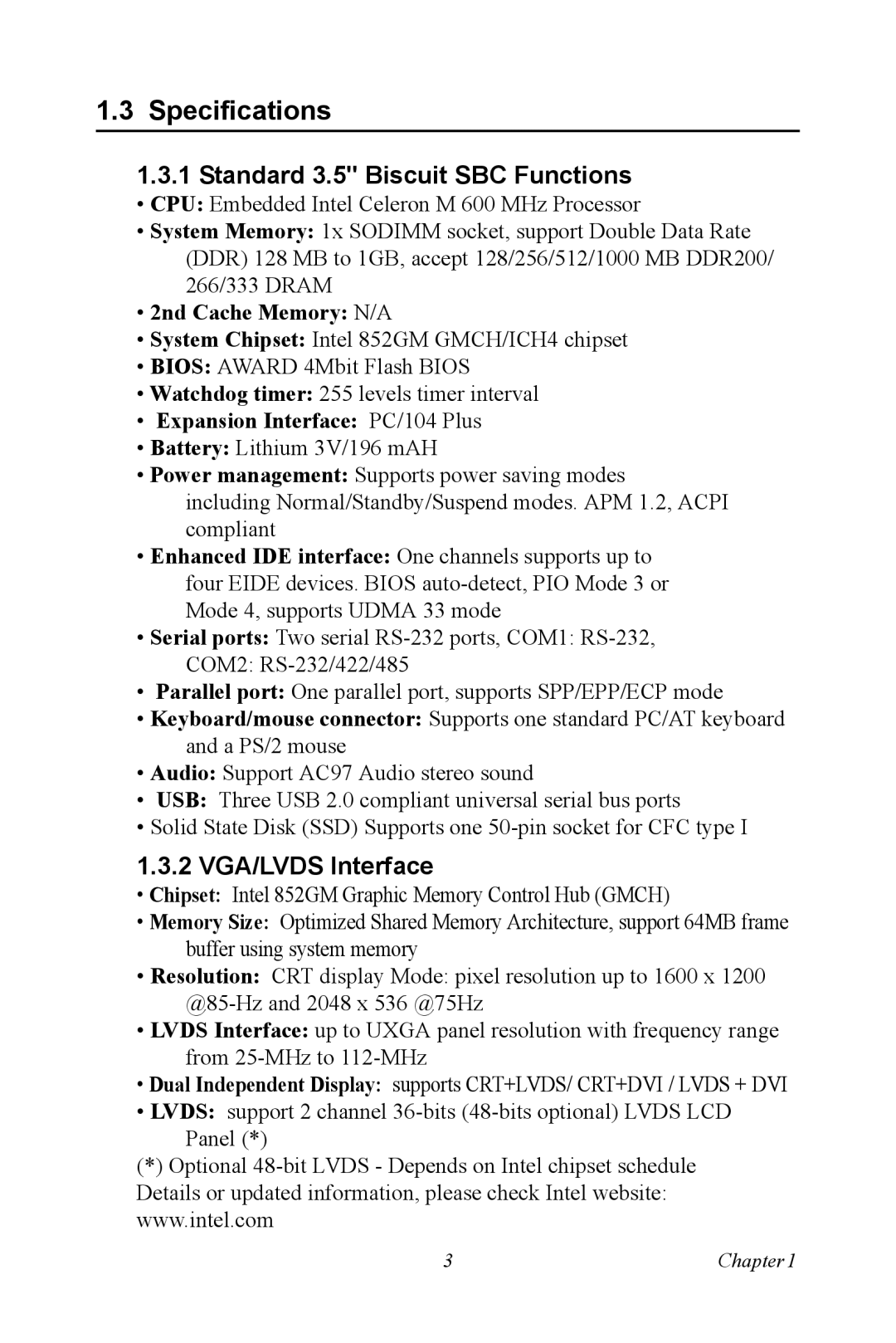 Intel PCM-9387 user manual Specifications, Standard 3.5 Biscuit SBC Functions, 2 VGA/LVDS Interface 