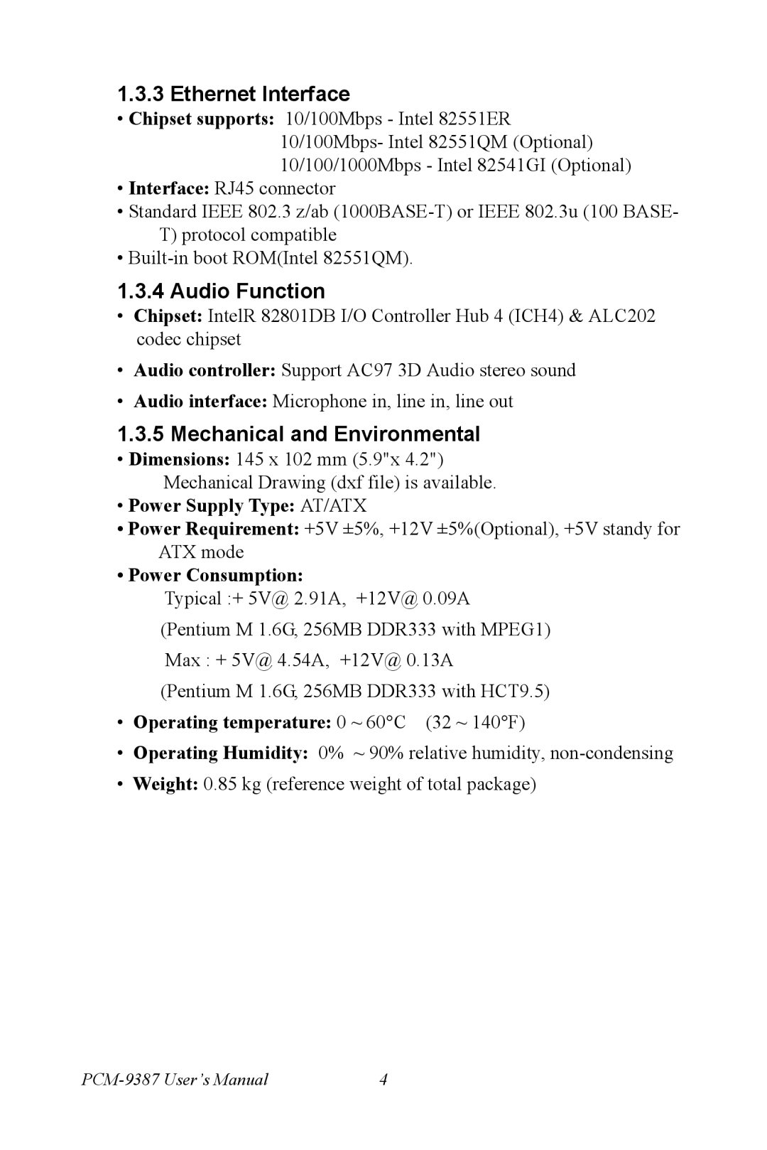 Intel PCM-9387 user manual Ethernet Interface, Audio Function, Mechanical and Environmental 