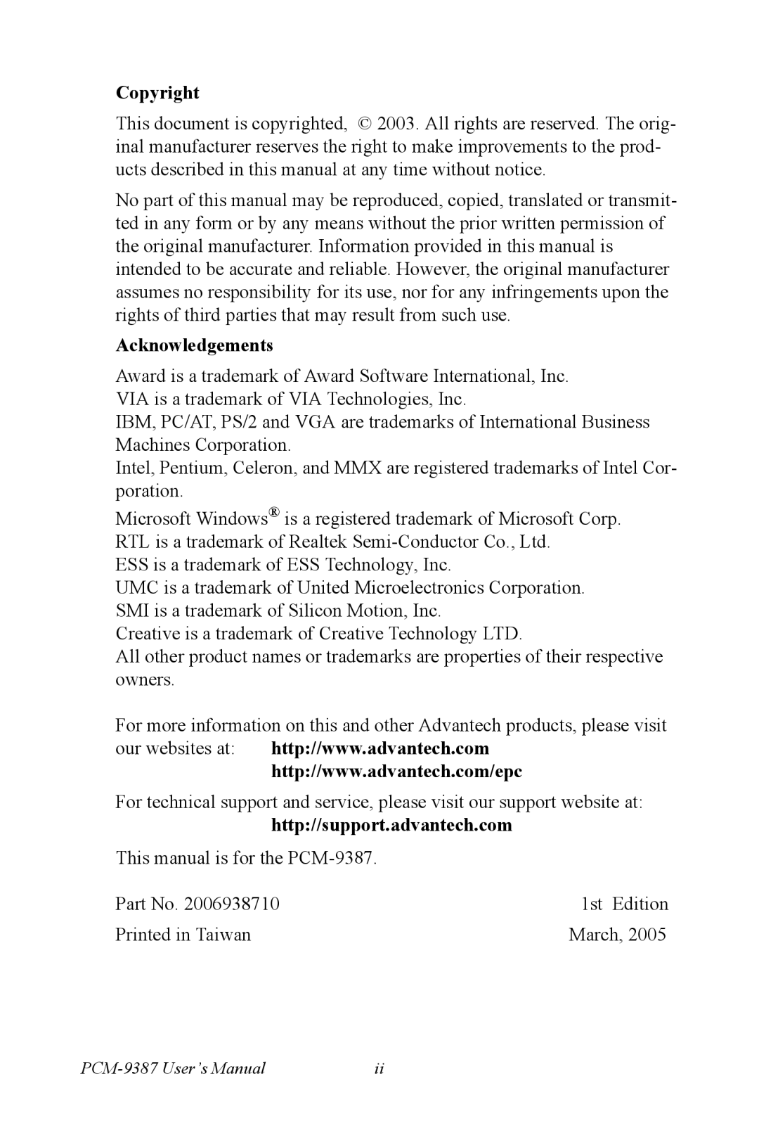 Intel PCM-9387 user manual Copyright 