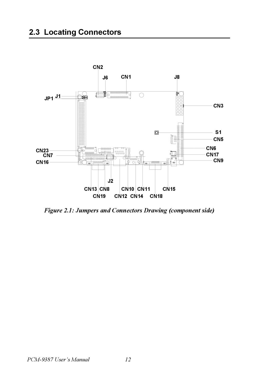 Intel PCM-9387 user manual Locating Connectors, Jumpers and Connectors Drawing component side 