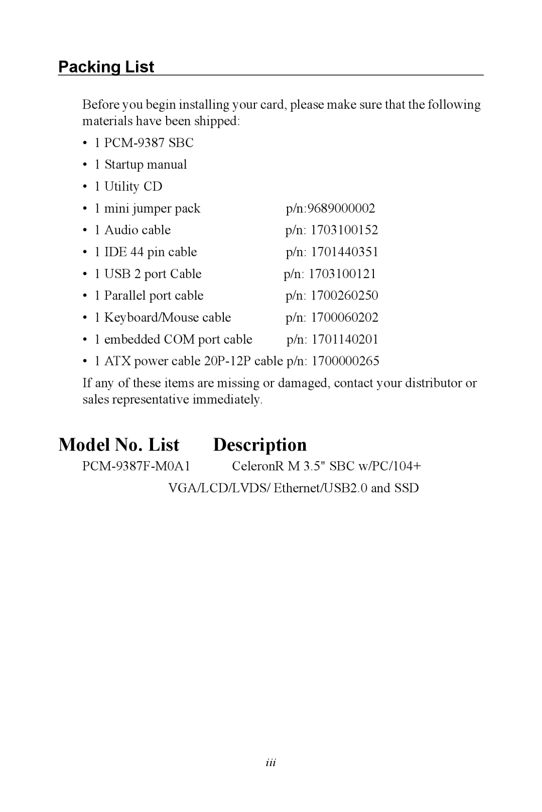 Intel PCM-9387 user manual Model No. List Description, Packing List 