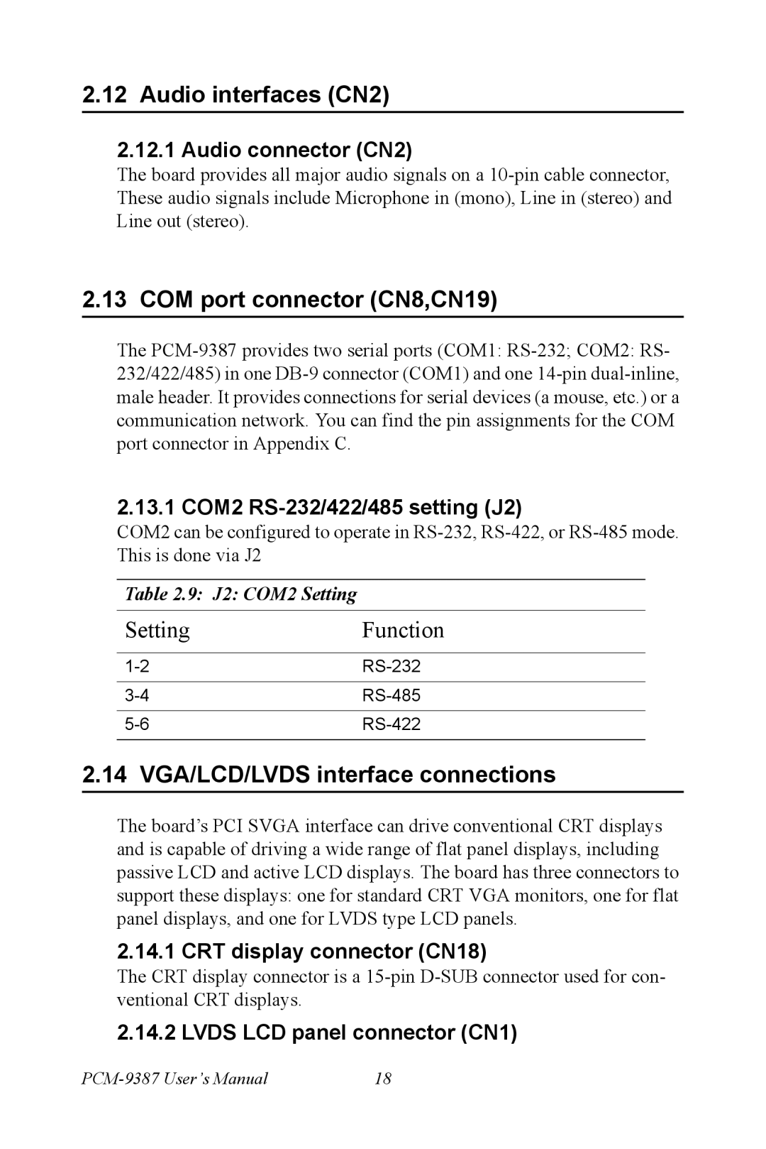 Intel PCM-9387 user manual Audio interfaces CN2, COM port connector CN8,CN19, 14 VGA/LCD/LVDS interface connections 