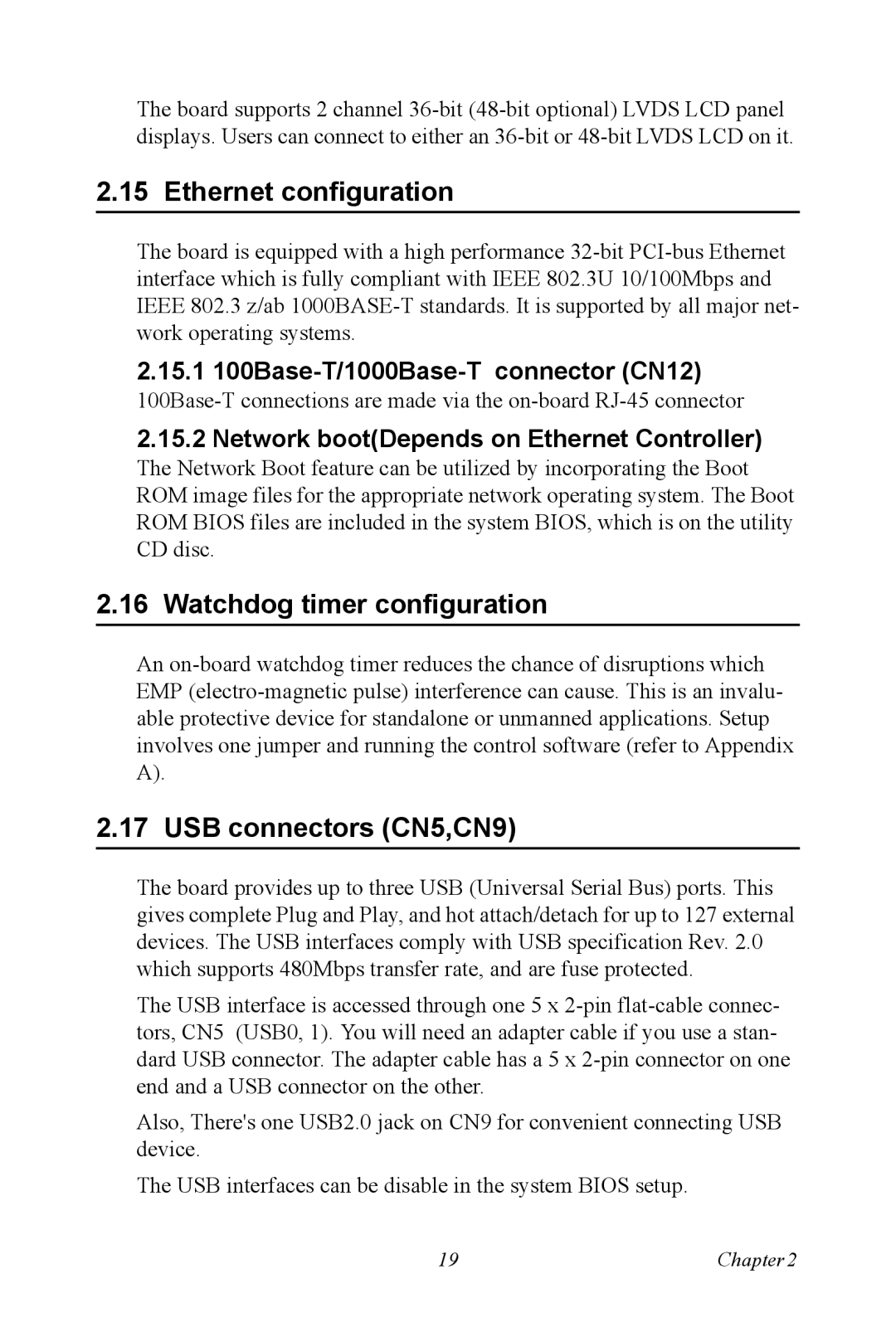 Intel PCM-9387 user manual Ethernet configuration, Watchdog timer configuration, USB connectors CN5,CN9 