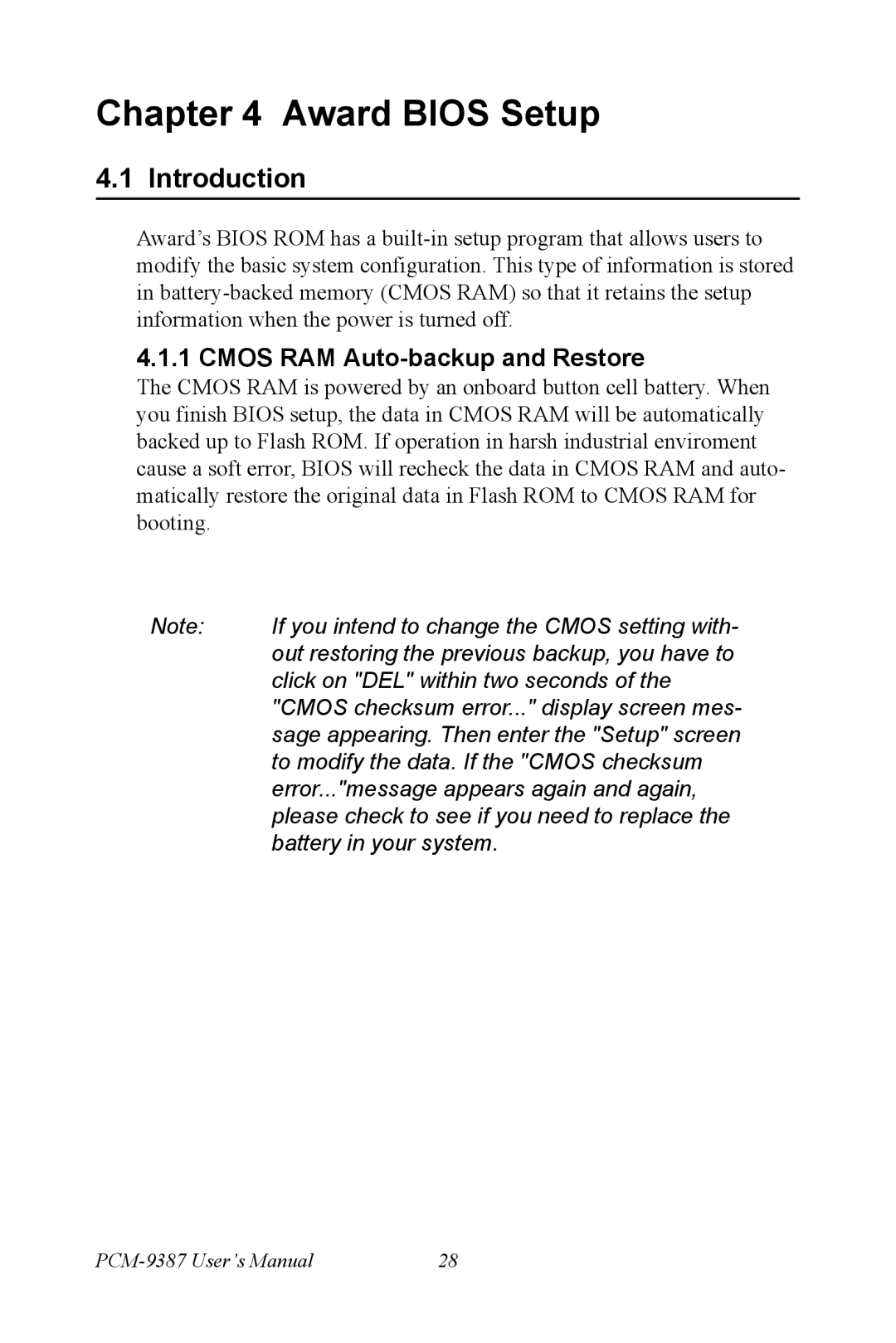 Intel PCM-9387 user manual Introduction, Cmos RAM Auto-backup and Restore 