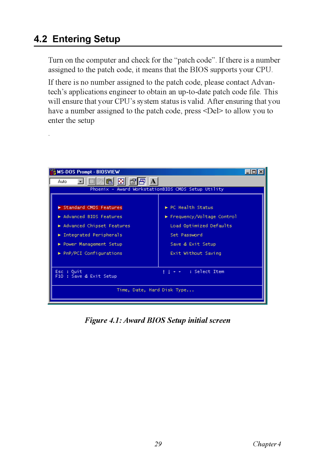 Intel PCM-9387 user manual Entering Setup, Award Bios Setup initial screen 