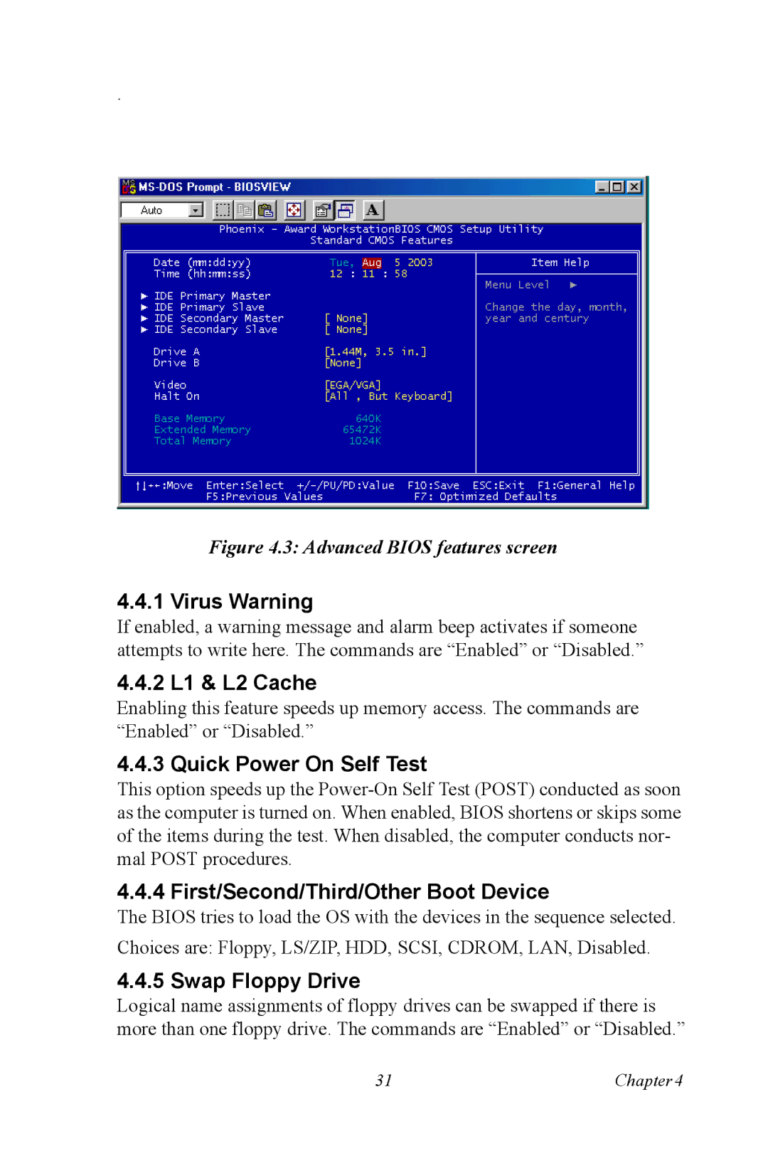 Intel PCM-9387 user manual Virus Warning, 2 L1 & L2 Cache, Quick Power On Self Test, First/Second/Third/Other Boot Device 