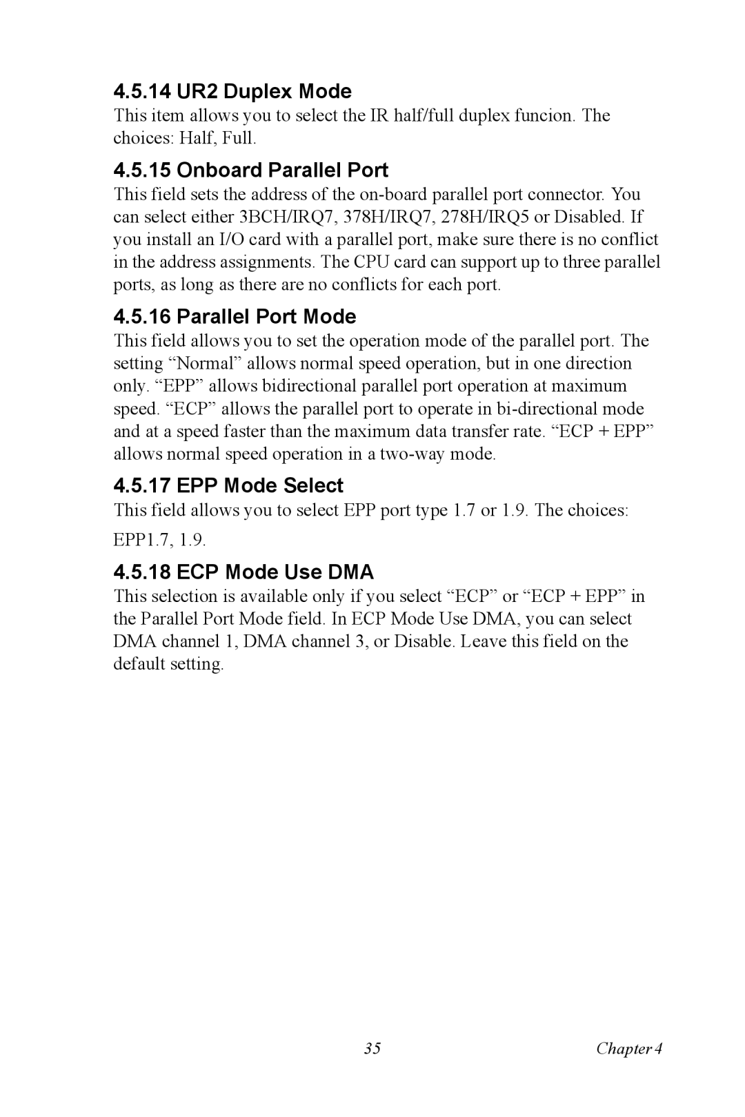 Intel PCM-9387 user manual 14 UR2 Duplex Mode, Onboard Parallel Port, Parallel Port Mode, EPP Mode Select, ECP Mode Use DMA 