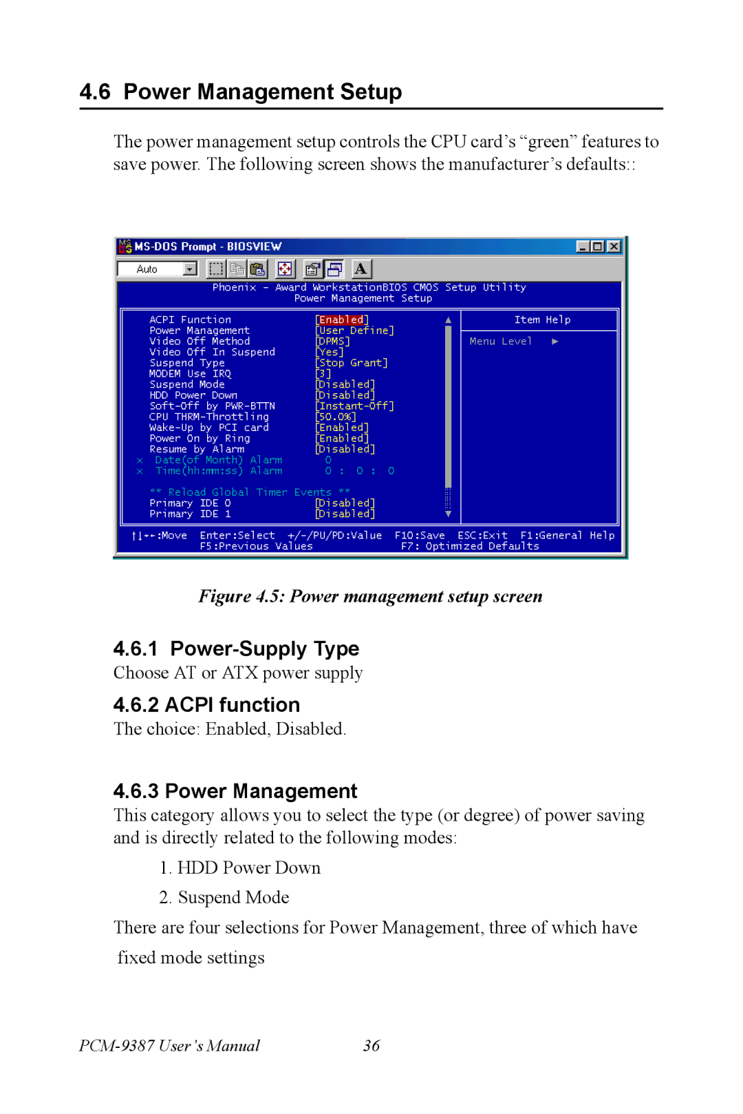 Intel PCM-9387 user manual Power Management Setup, Power-Supply Type, Acpi function 