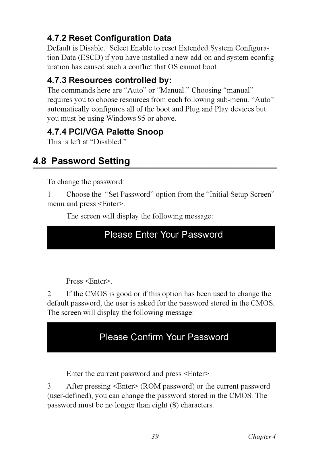 Intel PCM-9387 user manual Password Setting, Reset Configuration Data, Resources controlled by, 4 PCI/VGA Palette Snoop 