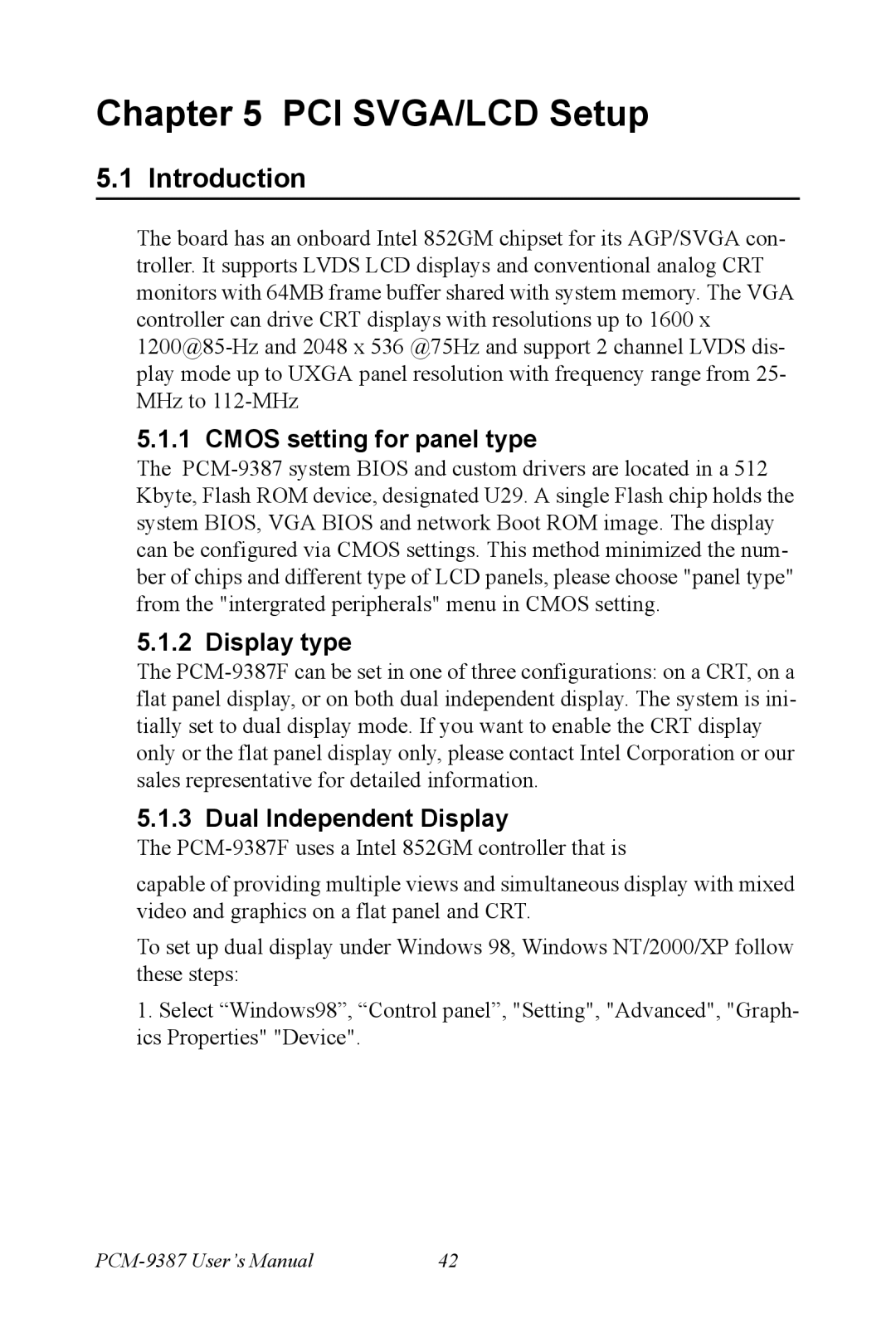 Intel PCM-9387 user manual Cmos setting for panel type, Display type, Dual Independent Display 