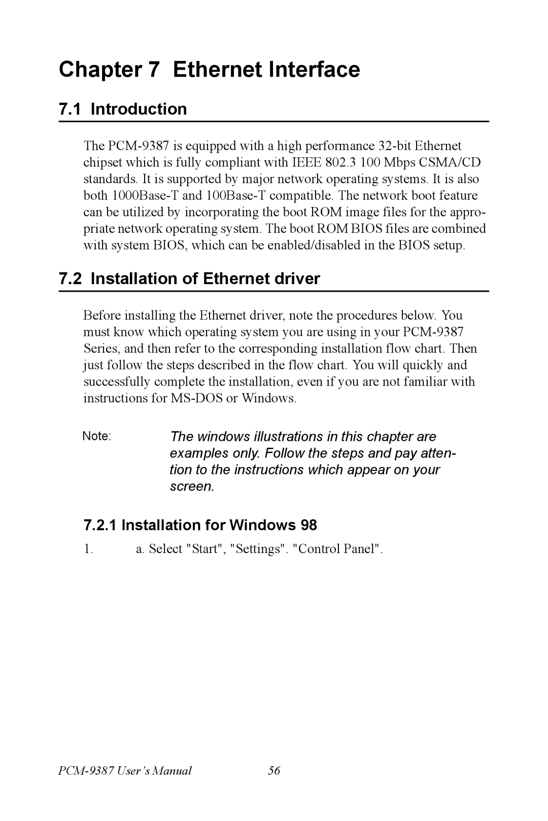 Intel PCM-9387 user manual Installation of Ethernet driver, Installation for Windows 