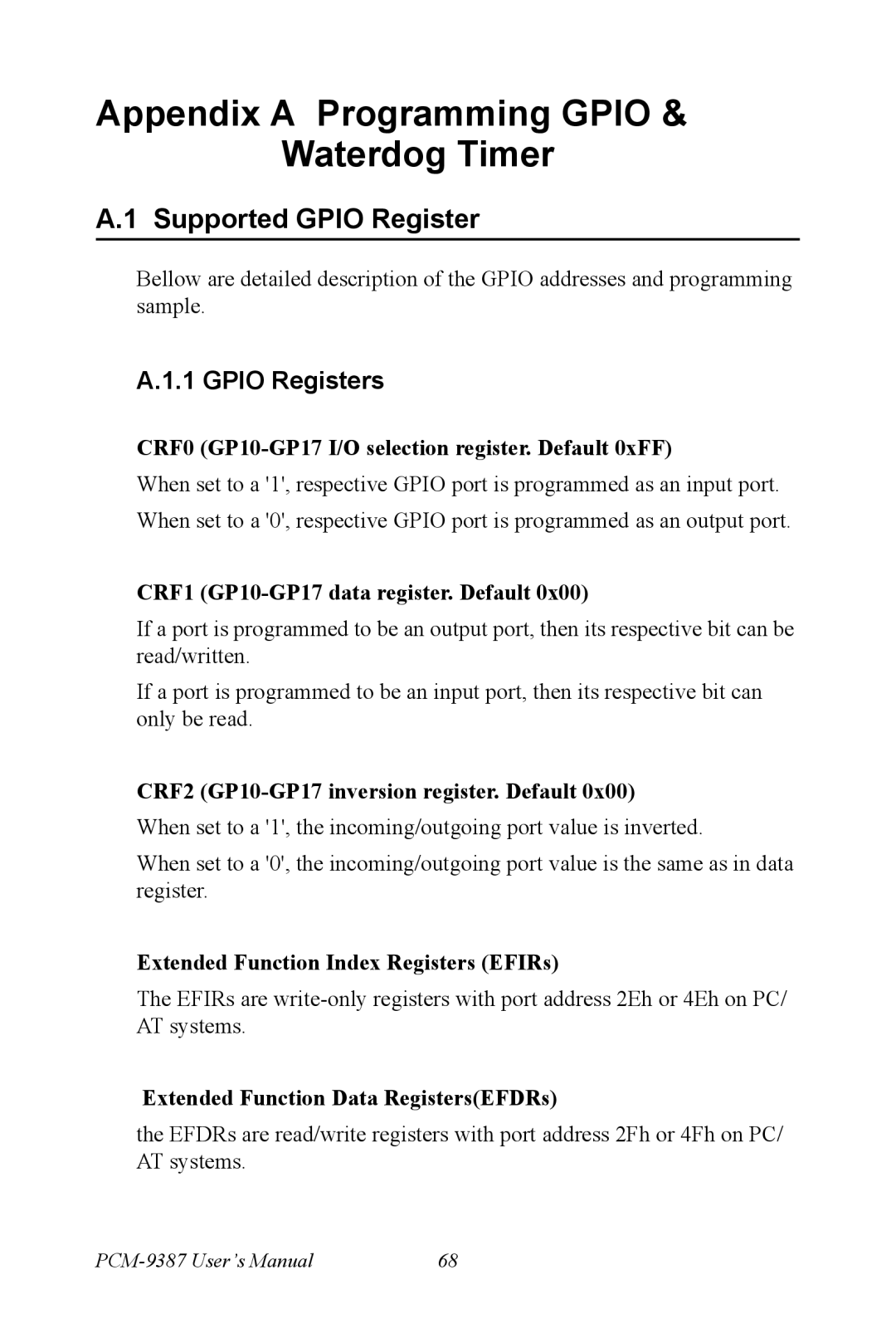 Intel PCM-9387 user manual Appendix a Programming Gpio & Waterdog Timer, Supported Gpio Register, Gpio Registers 