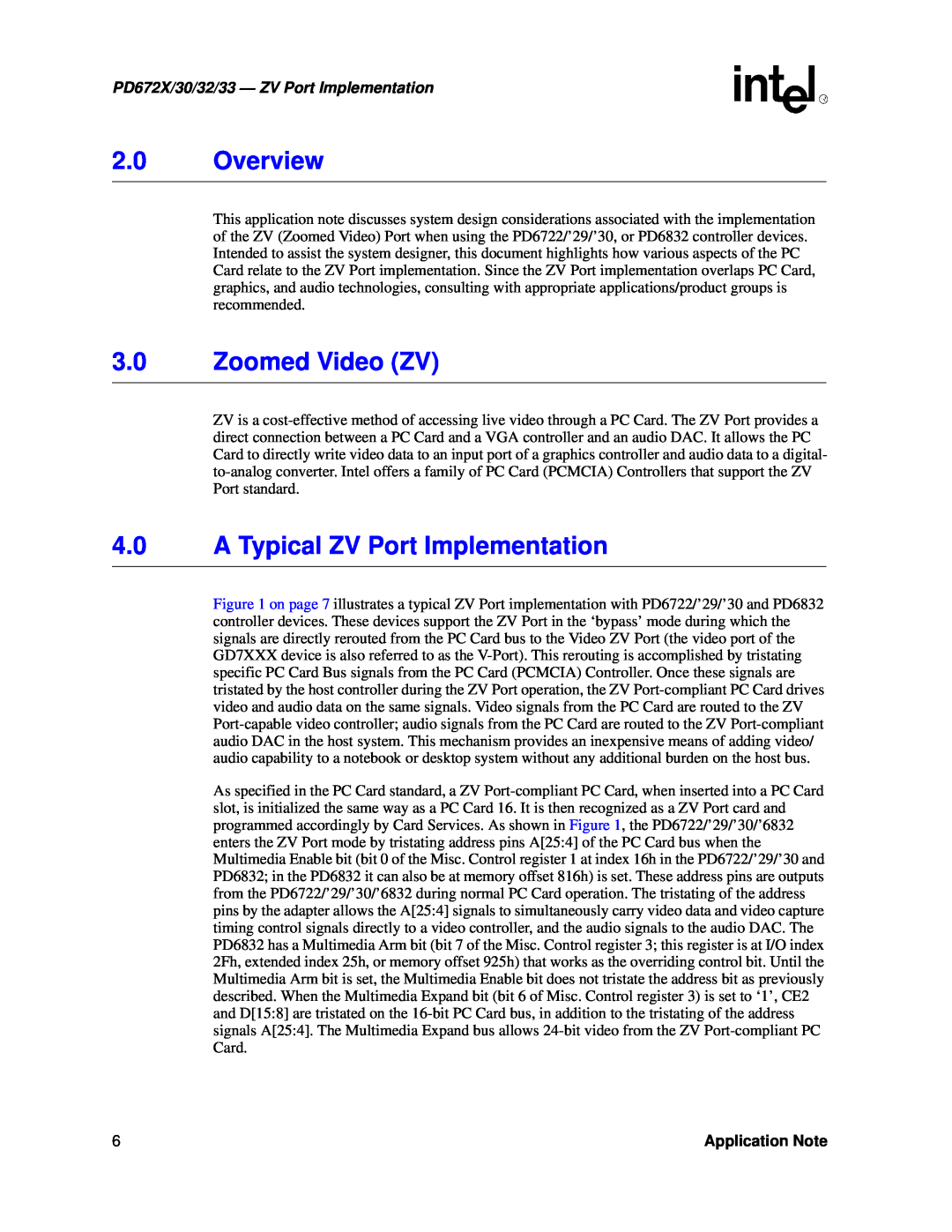 Intel PD672X/30/32/33 manual 2.0Overview, 3.0Zoomed Video ZV, 4.0A Typical ZV Port Implementation, Application Note 