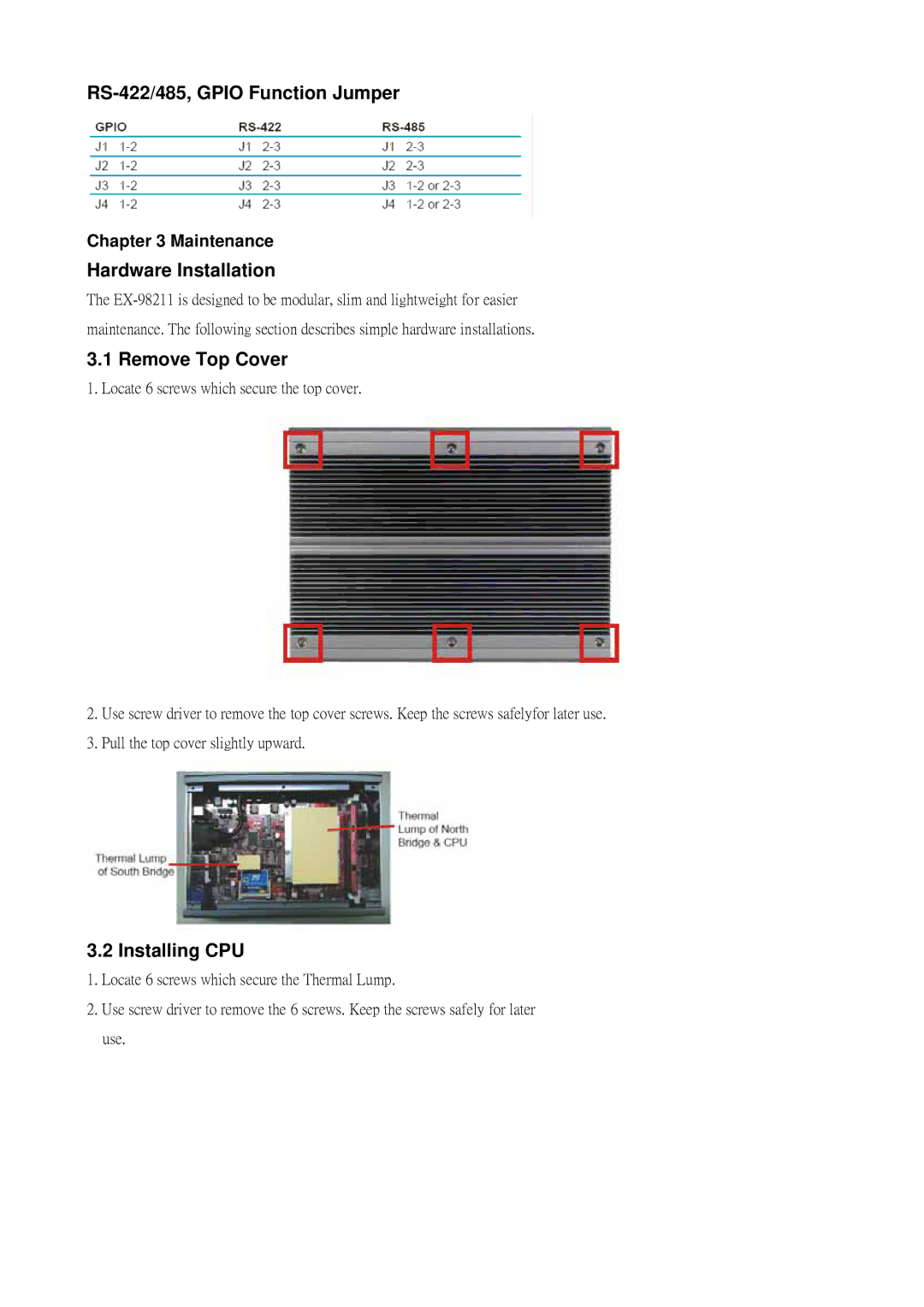 Intel EX-98211 FANLESS CELERON RS-422/485, Gpio Function Jumper, Hardware Installation, Remove Top Cover, Installing CPU 