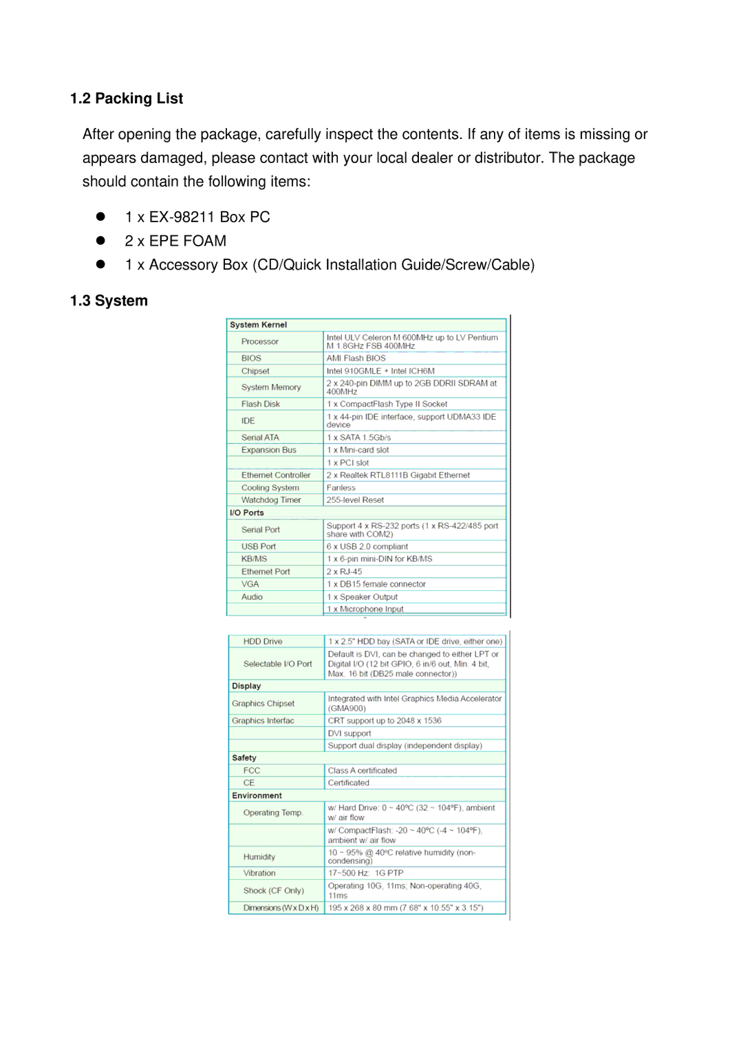 Intel EX-98211 FANLESS CELERON, Pentium M Box PC manual Packing List, System 