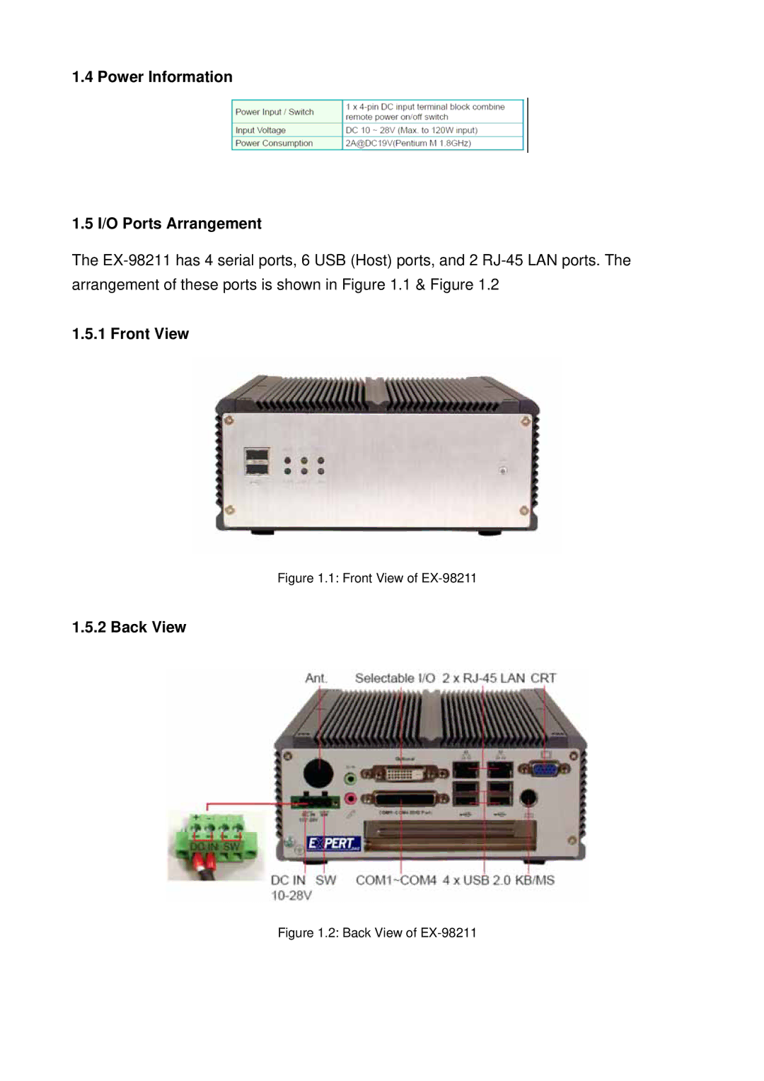 Intel Pentium M Box PC, EX-98211 FANLESS CELERON manual Power Information I/O Ports Arrangement, Front View, Back View 