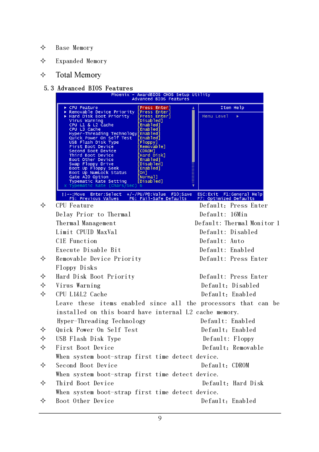 Intel PM915P-478, PM915-478 manual — Total Memory, Advanced Bios Features 