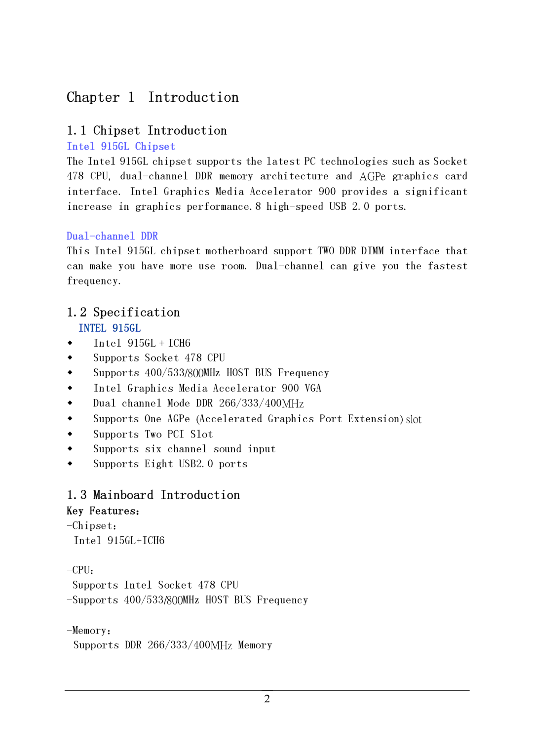 Intel PM915-478, PM915P-478 manual Introduction, Key Features： -Chipset： 