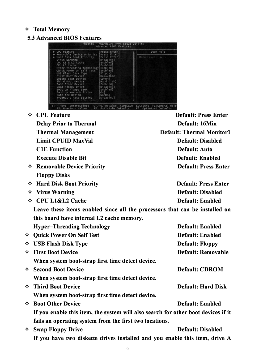 Intel PM945GC-478 user manual —Total Memory 5.3Advanced BIOS Features 