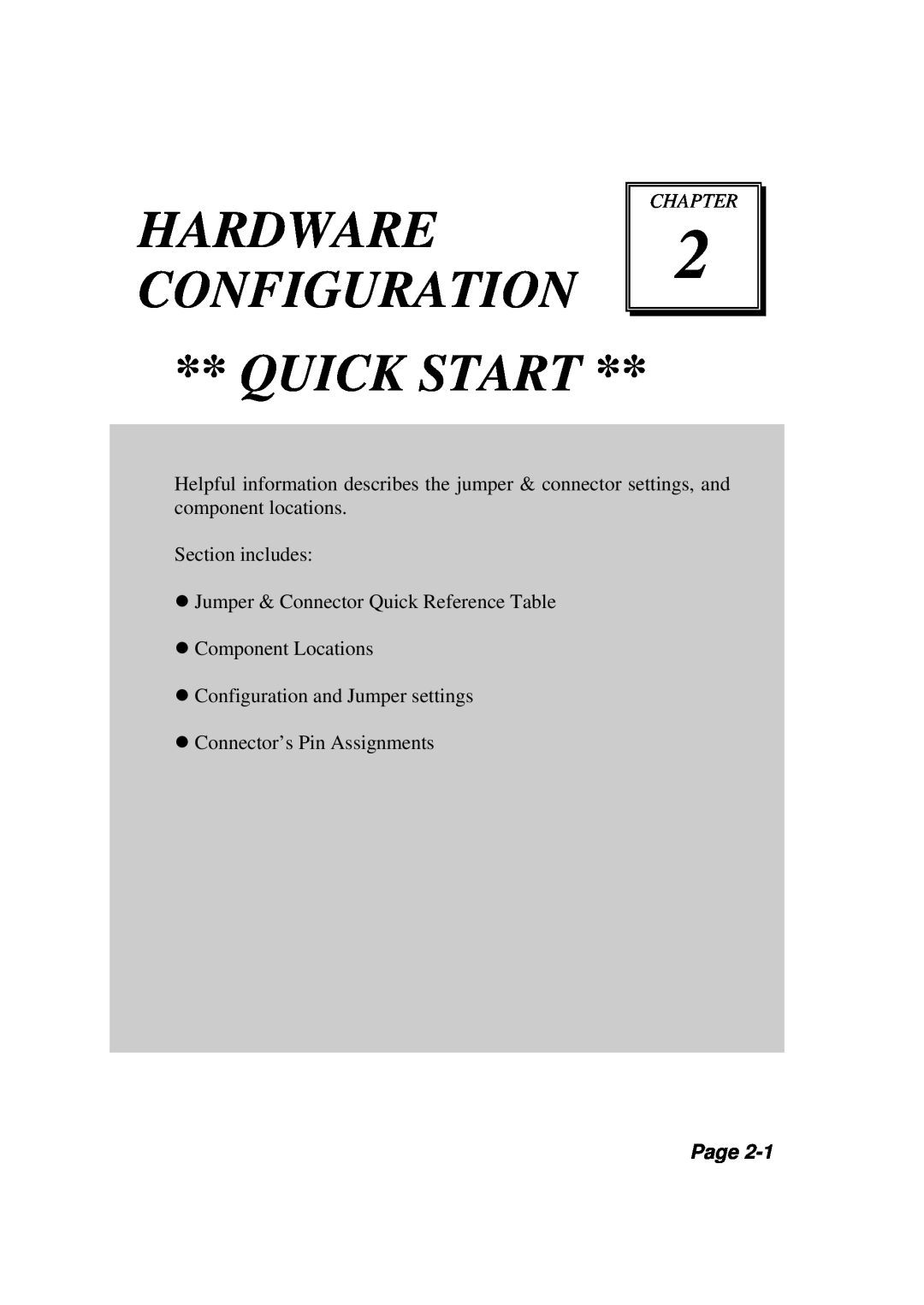 Intel PMB-531LF user manual Hardware, Configuration, Quick Start, Chapter, Page 