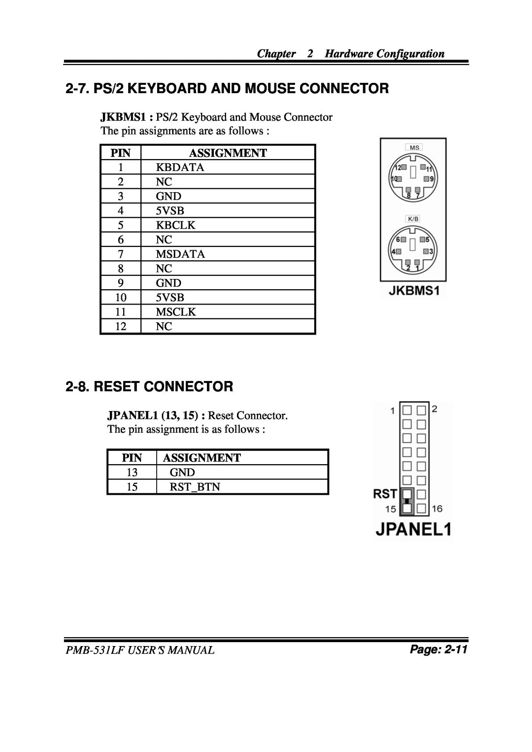 Intel PMB-531LF 2-7.PS/2 KEYBOARD AND MOUSE CONNECTOR, JPANEL1 13, 15 Reset Connector, Hardware Configuration, Page 