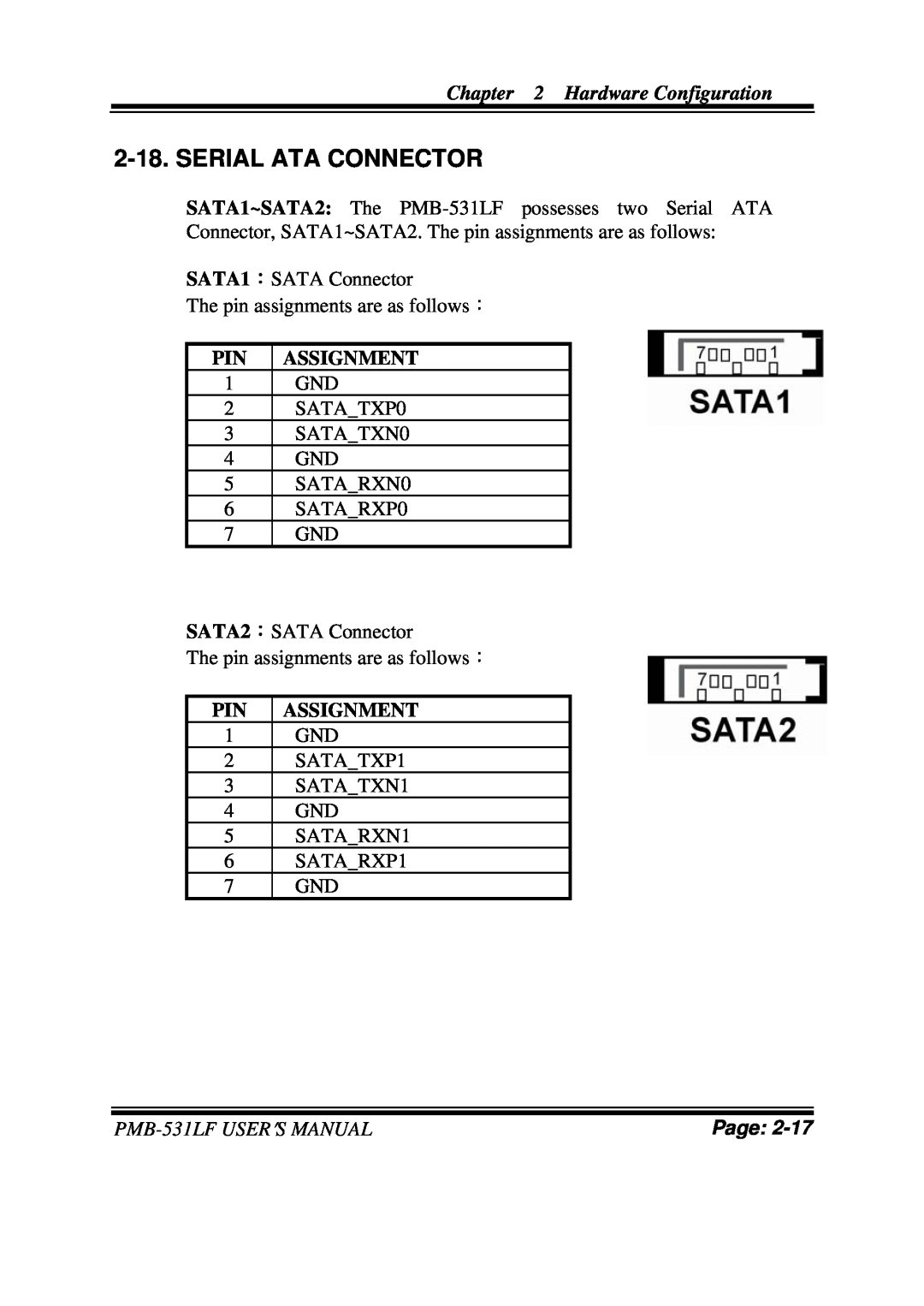 Intel user manual Serial Ata Connector, Hardware Configuration, Assignment, PMB-531LFUSER′S MANUAL, Page 