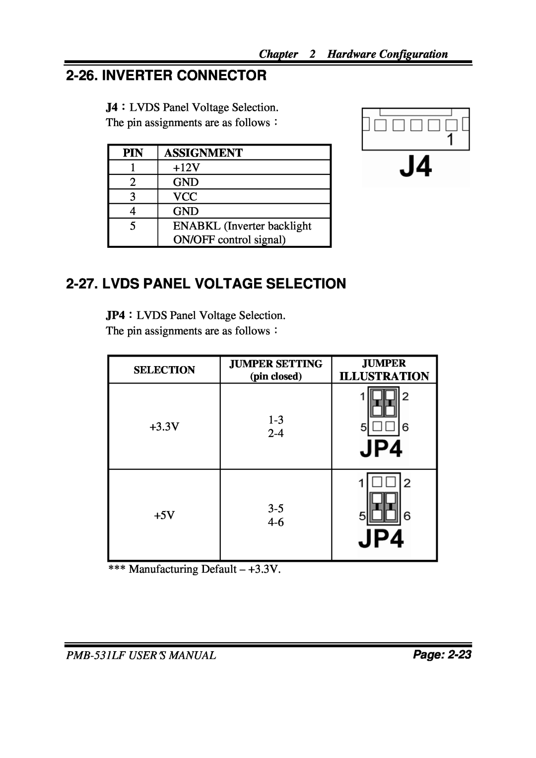 Intel PMB-531LF Inverter Connector, Lvds Panel Voltage Selection, Hardware Configuration, Pin Assignment, Illustration 