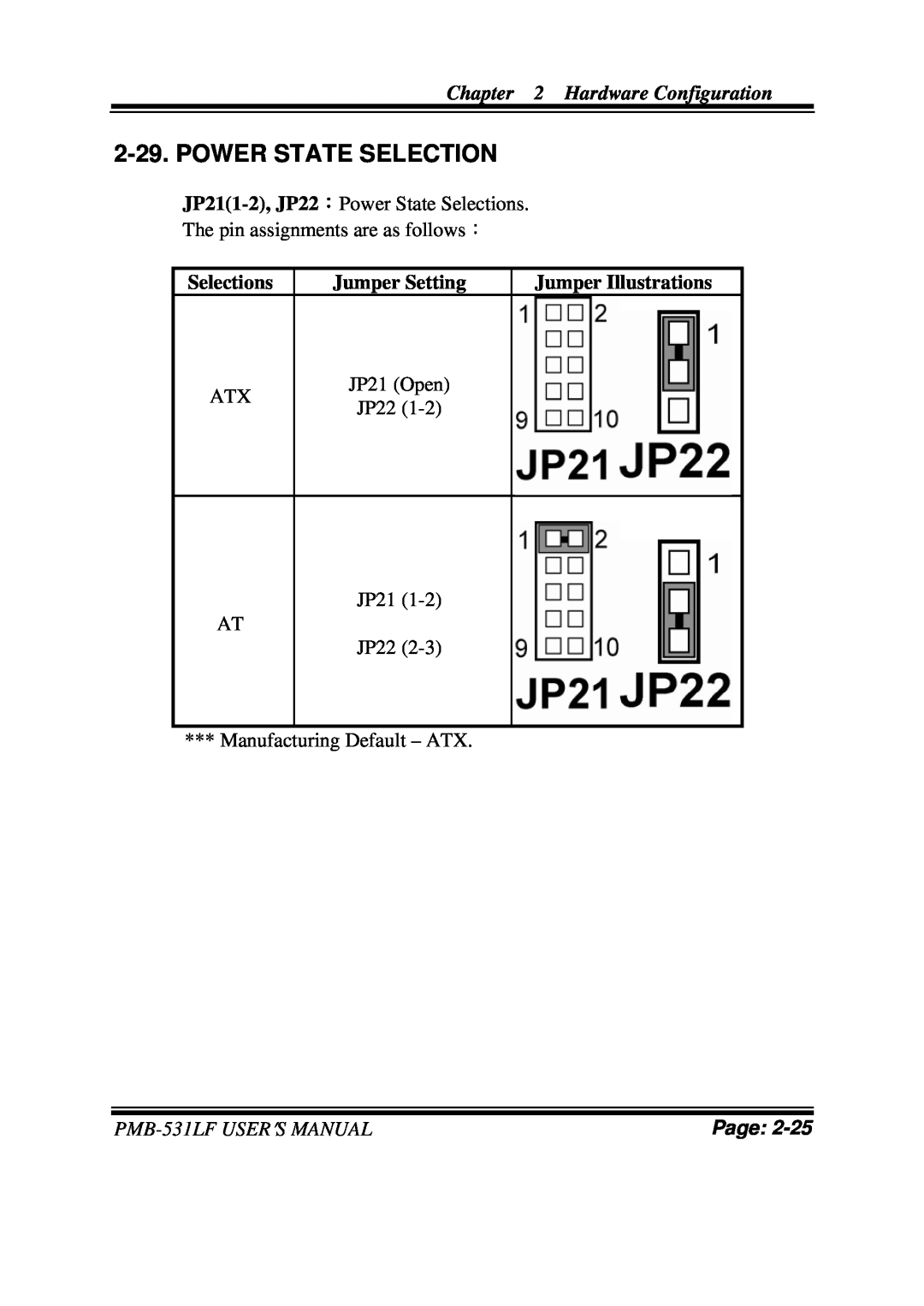 Intel PMB-531LF Power State Selection, Selections, Jumper Setting, Jumper Illustrations, Hardware Configuration, Page 