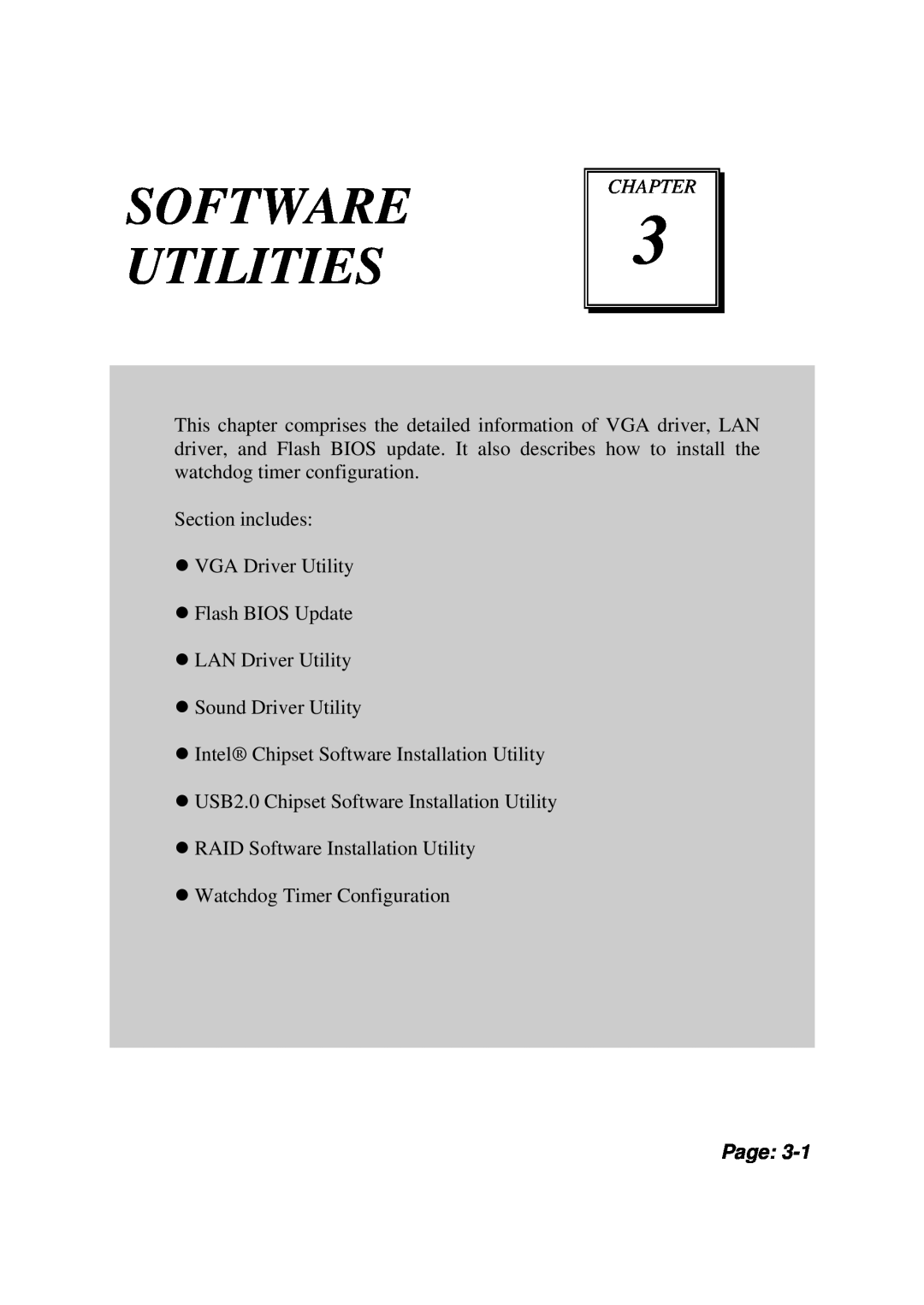 Intel PMB-531LF user manual Software Utilities, Chapter, Page 