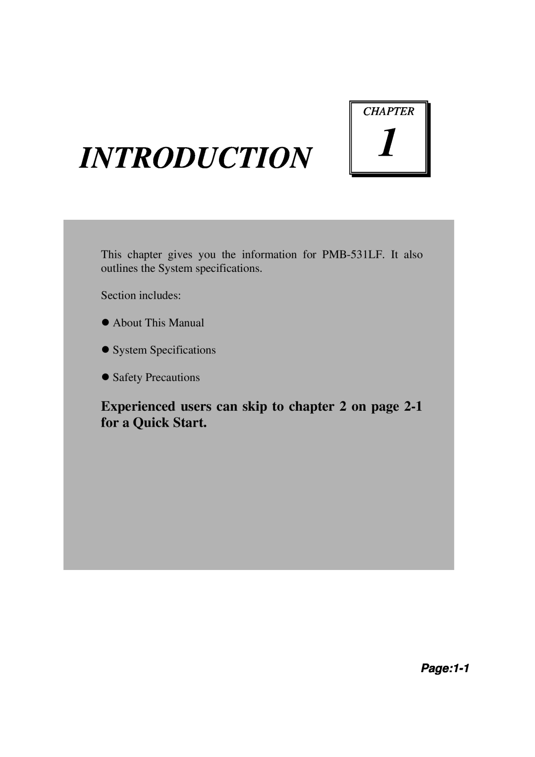 Intel PMB-531LF user manual Introduction, Chapter, Page 