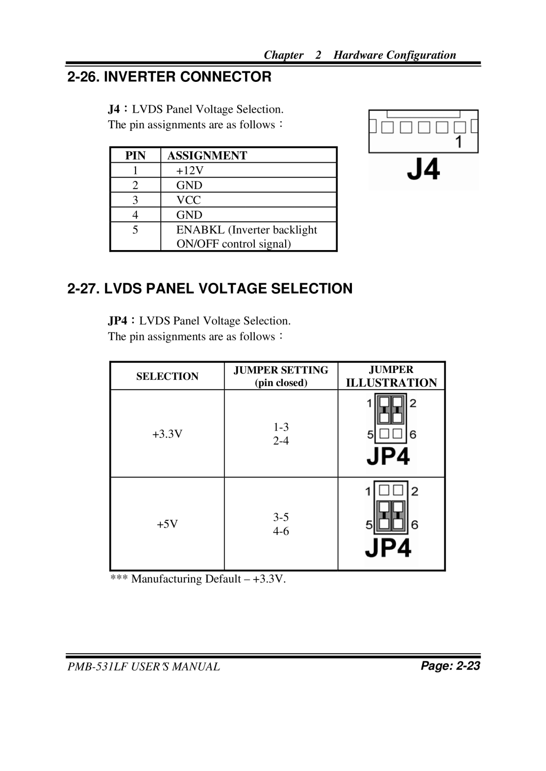 Intel PMB-531LF user manual Inverter Connector, Lvds Panel Voltage Selection 