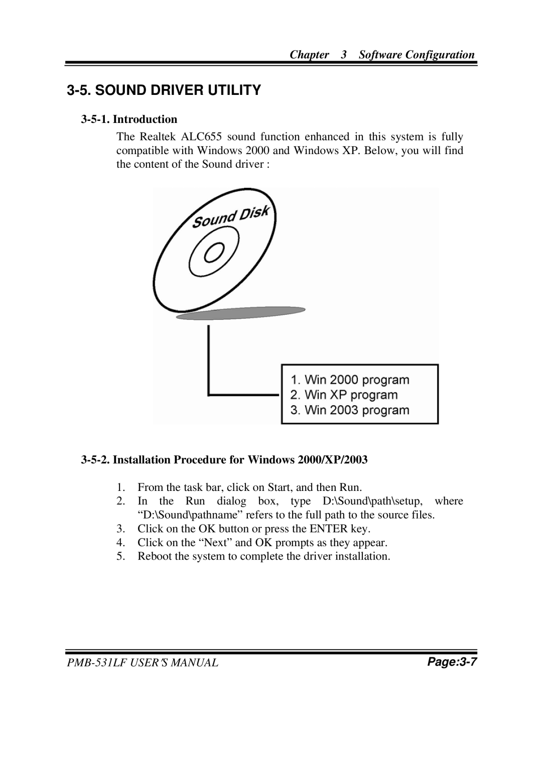 Intel PMB-531LF user manual Sound Driver Utility, Installation Procedure for Windows 2000/XP/2003 