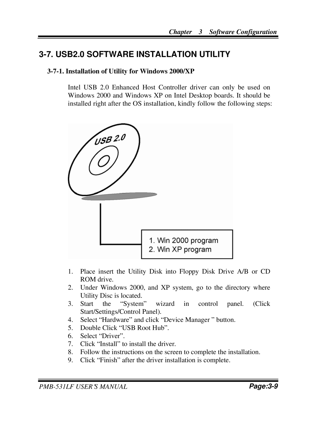 Intel PMB-531LF user manual USB2.0 Software Installation Utility, Installation of Utility for Windows 2000/XP 