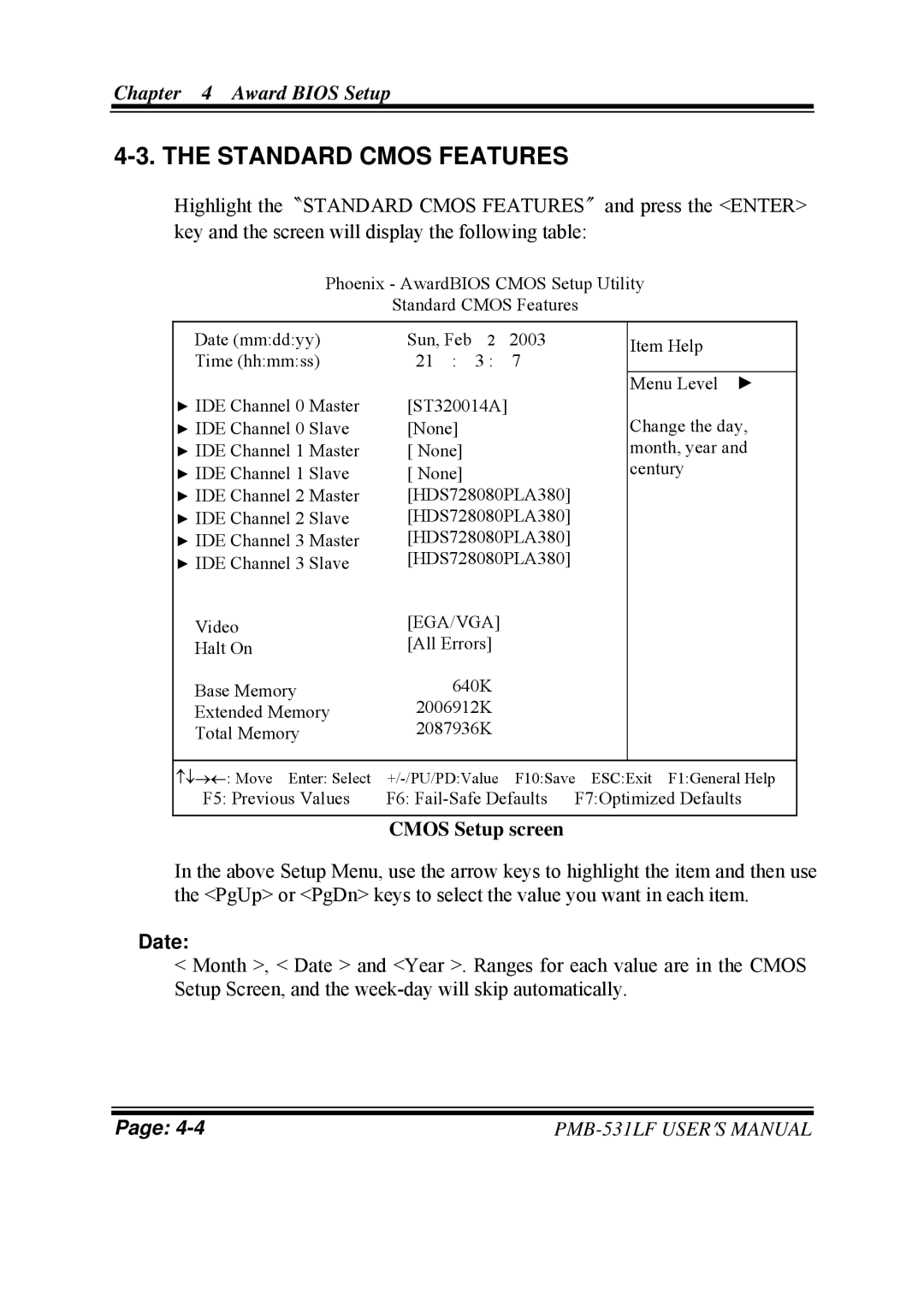 Intel PMB-531LF user manual Standard Cmos Features, Cmos Setup screen 