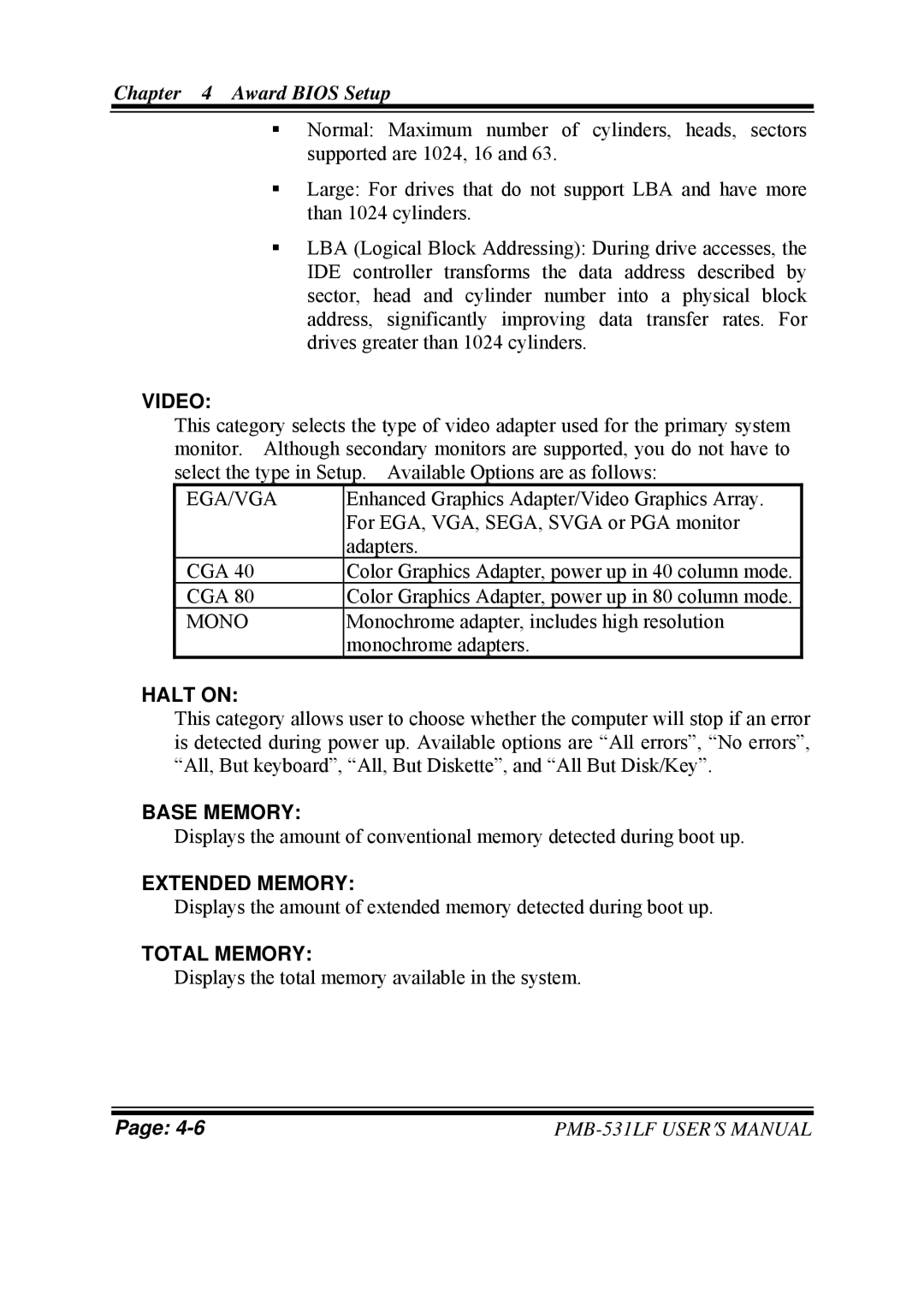 Intel PMB-531LF user manual Video, Halt on, Base Memory, Extended Memory, Total Memory 