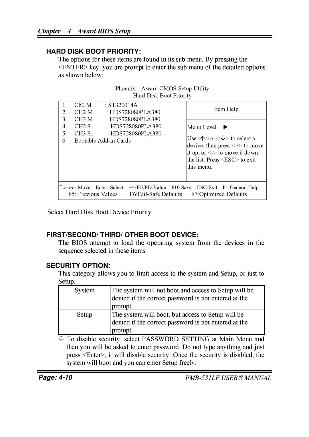 Intel PMB-531LF user manual Hard Disk Boot Priority, FIRST/SECOND/ THIRD/ Other Boot Device, Security Option 