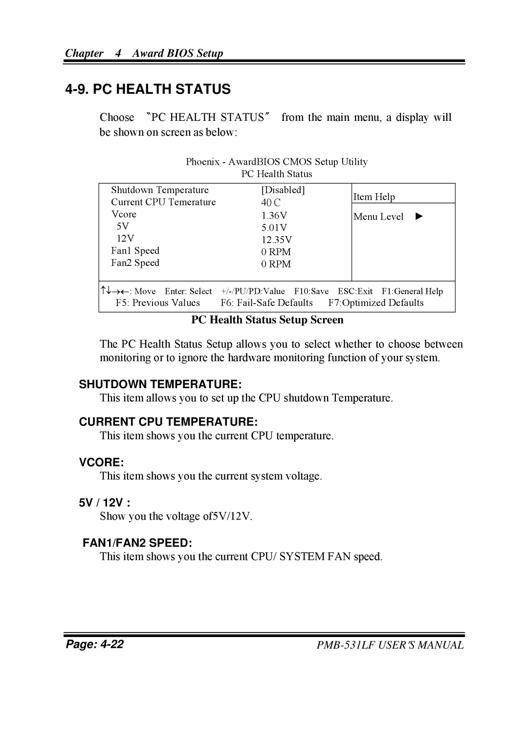 Intel PMB-531LF user manual PC Health Status, Shutdown Temperature, Current CPU Temperature, Vcore, FAN1/FAN2 Speed 