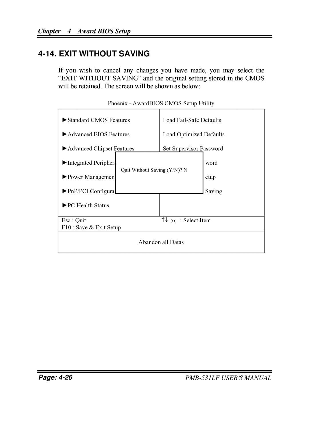 Intel PMB-531LF user manual Exit Without Saving 