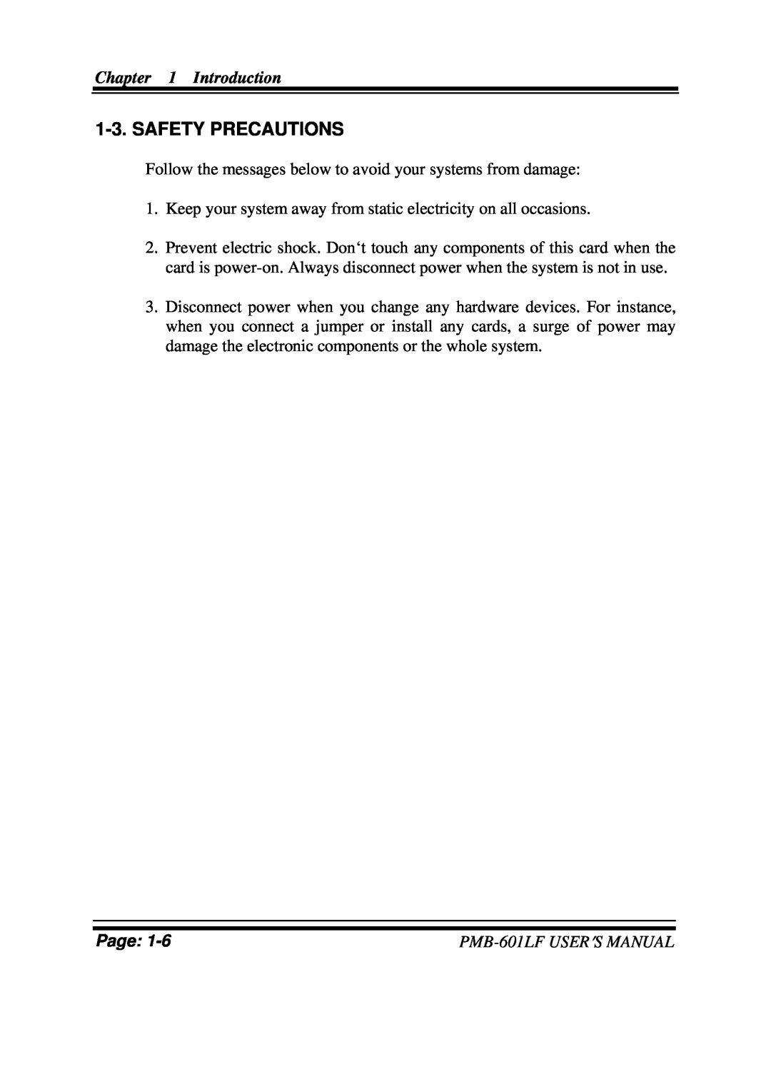 Intel user manual Safety Precautions, Introduction, Page, PMB-601LFUSER′S MANUAL 