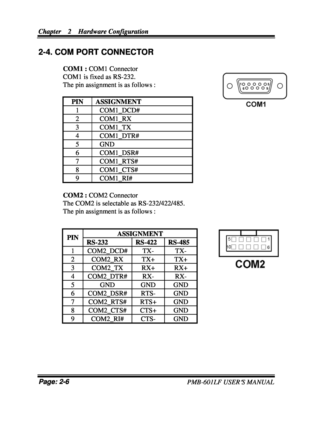 Intel PMB-601LF user manual Com Port Connector, Assignment, RS-232, RS-422, RS-485, Hardware Configuration, Page 
