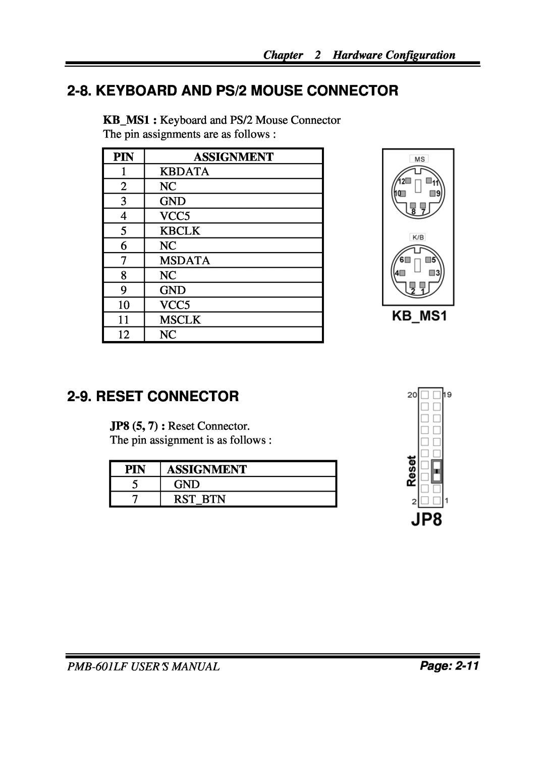 Intel PMB-601LF user manual KEYBOARD AND PS/2 MOUSE CONNECTOR, Reset Connector, Hardware Configuration, Assignment, Page 