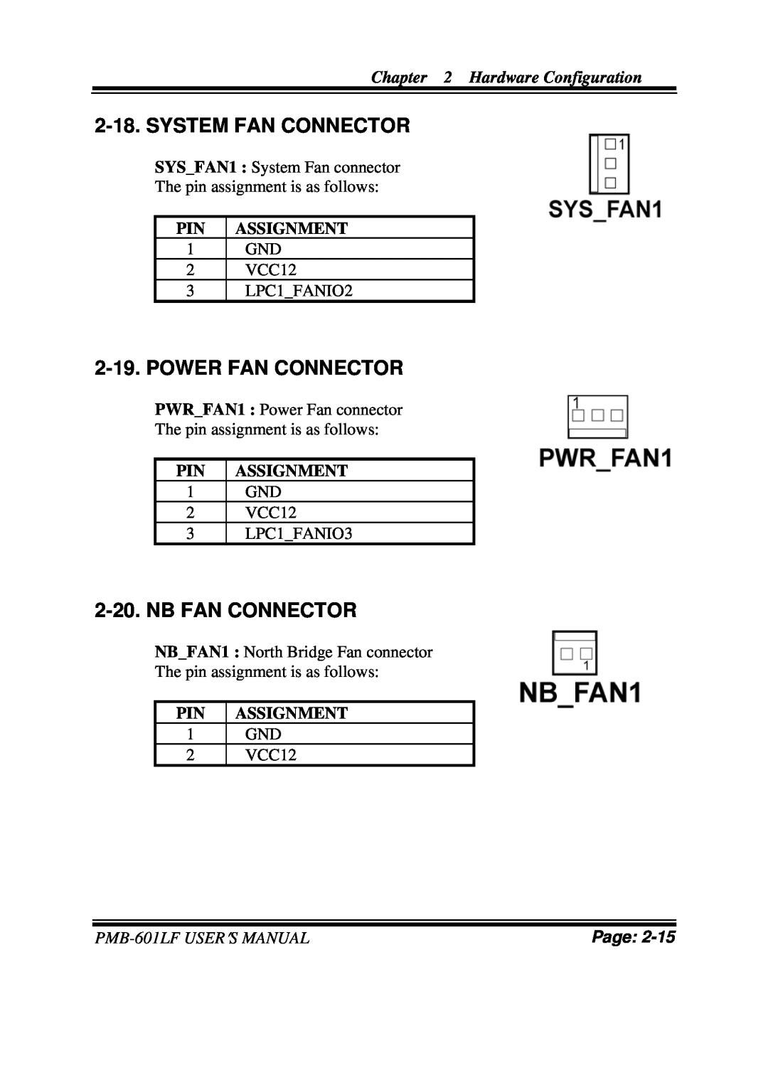 Intel PMB-601LF System Fan Connector, Power Fan Connector, Nb Fan Connector, Hardware Configuration, Pin Assignment, Page 