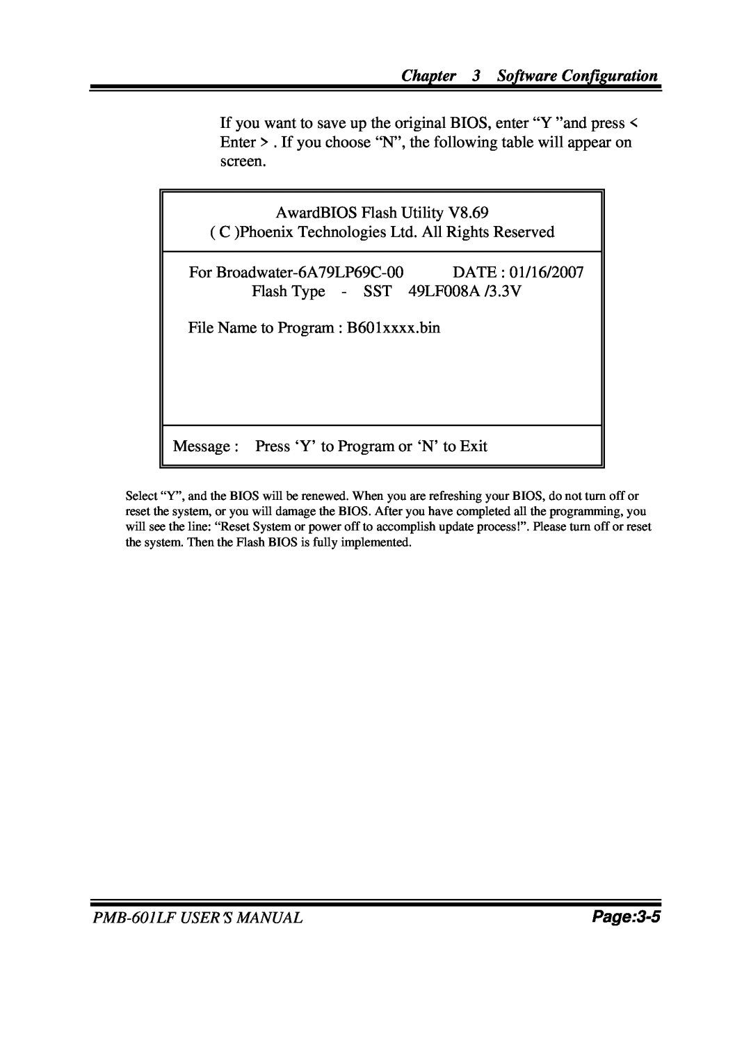 Intel user manual Page:3-5, Software Configuration, PMB-601LFUSER′S MANUAL 