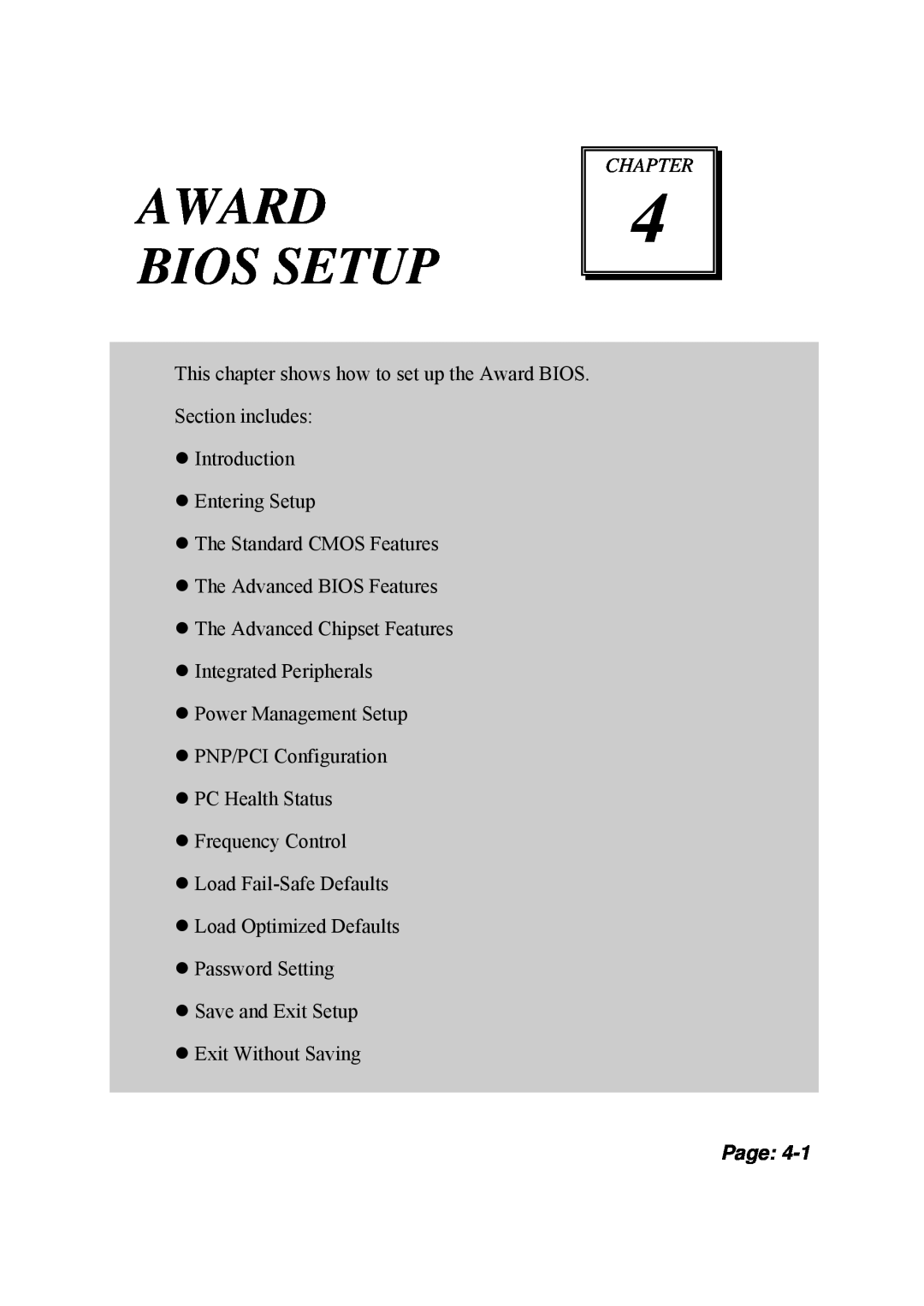 Intel PMB-601LF user manual Award Bios Setup, Chapter, Page 