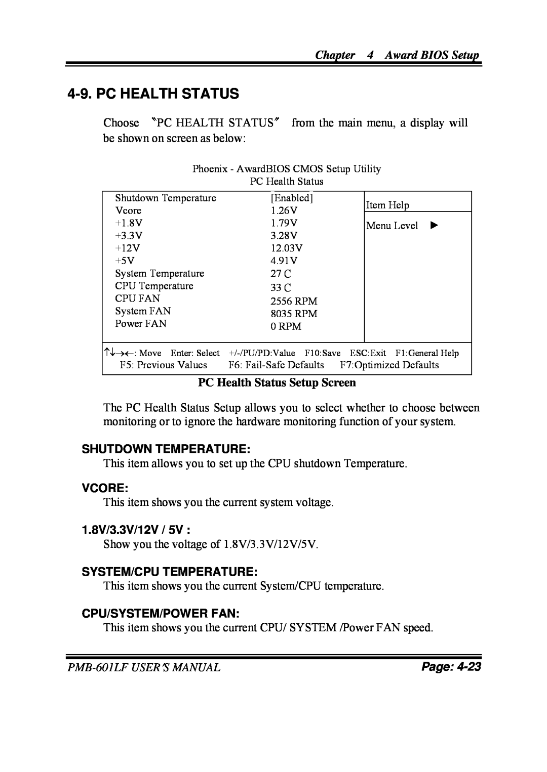 Intel PMB-601LF Pc Health Status, PC Health Status Setup Screen, Shutdown Temperature, Vcore, 1.8V/3.3V/12V, Page 