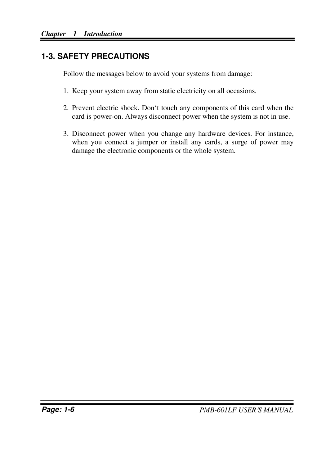 Intel PMB-601LF user manual Safety Precautions 