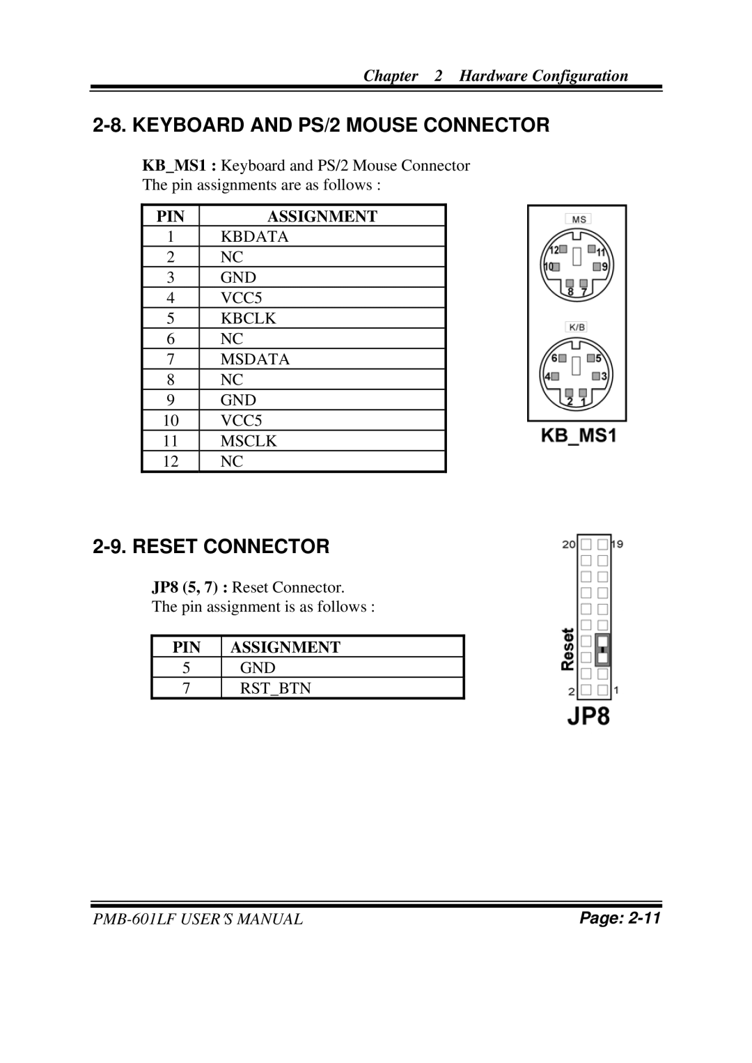 Intel PMB-601LF user manual Keyboard and PS/2 Mouse Connector, Reset Connector 